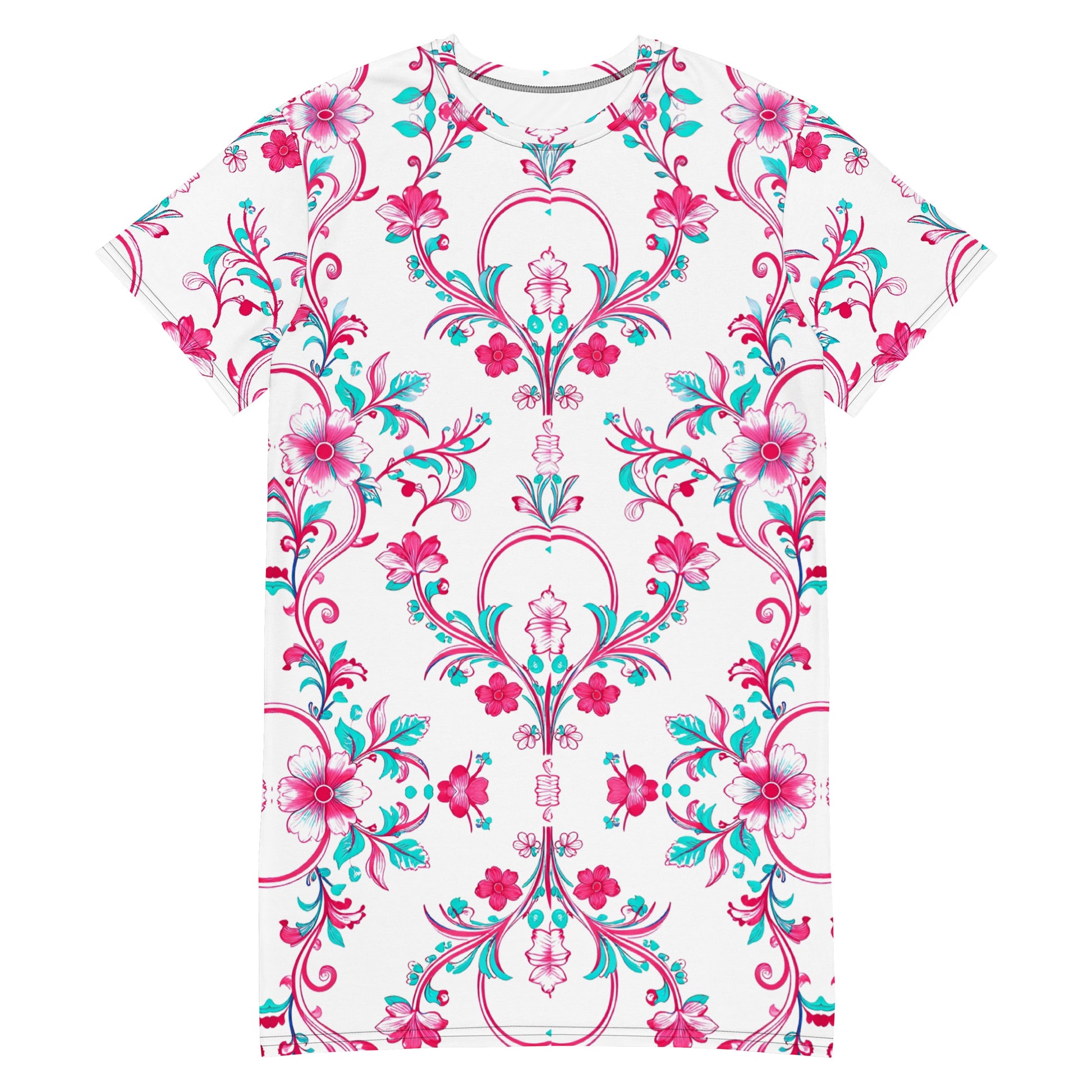 T-shirt dress - Pink Peony Dreams: Floral Fusion Comfort T-Shirt Dress 🌸✨ by printfluence.net