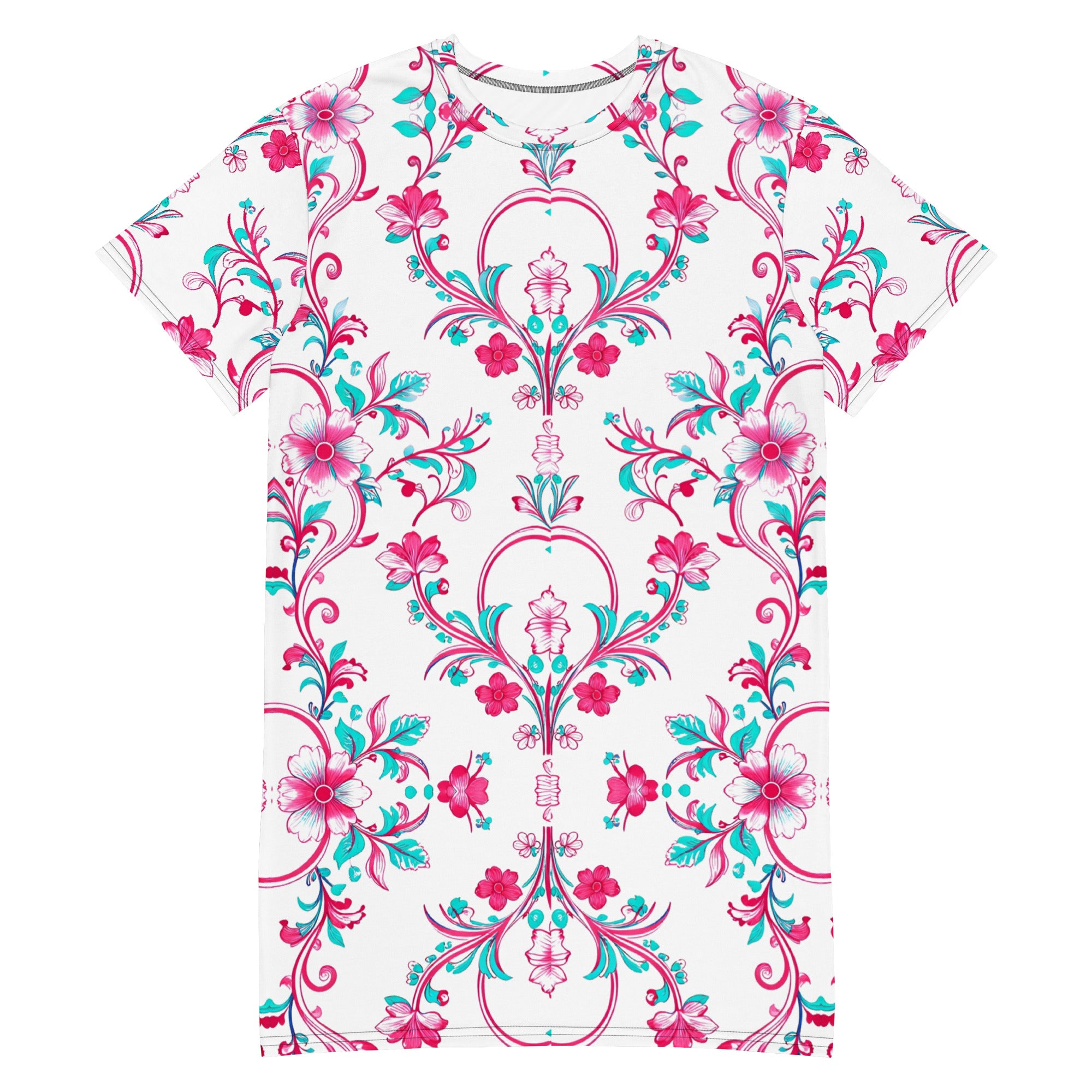 T-shirt dress - Pink Peony Dreams: Floral Fusion Comfort T-Shirt Dress 🌸✨ by printfluence.net