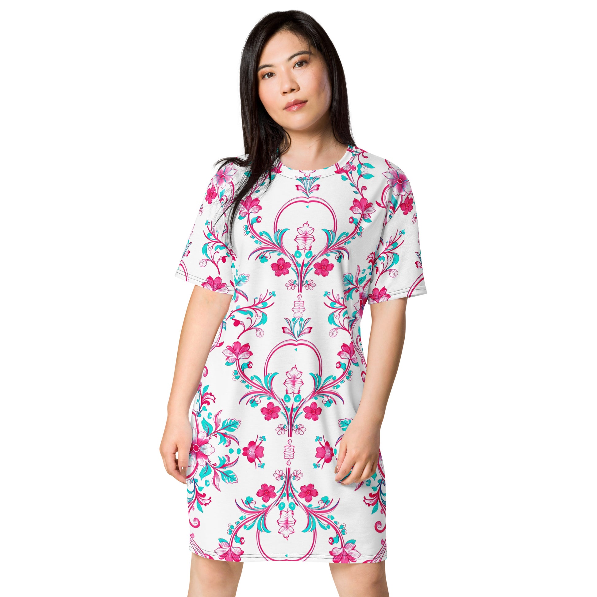 T-shirt dress - Pink Peony Dreams: Floral Fusion Comfort T-Shirt Dress 🌸✨ by printfluence.net