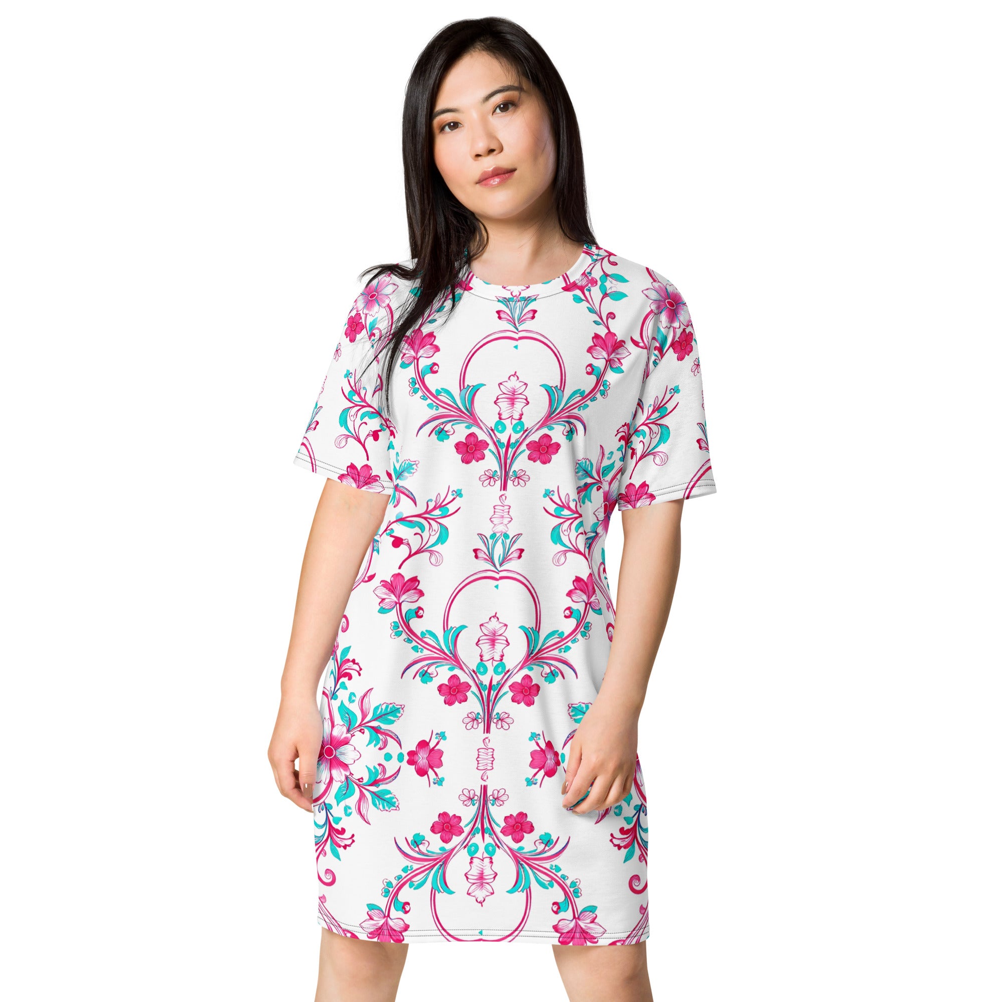 T-shirt dress - Pink Peony Dreams: Floral Fusion Comfort T-Shirt Dress 🌸✨ by printfluence.net