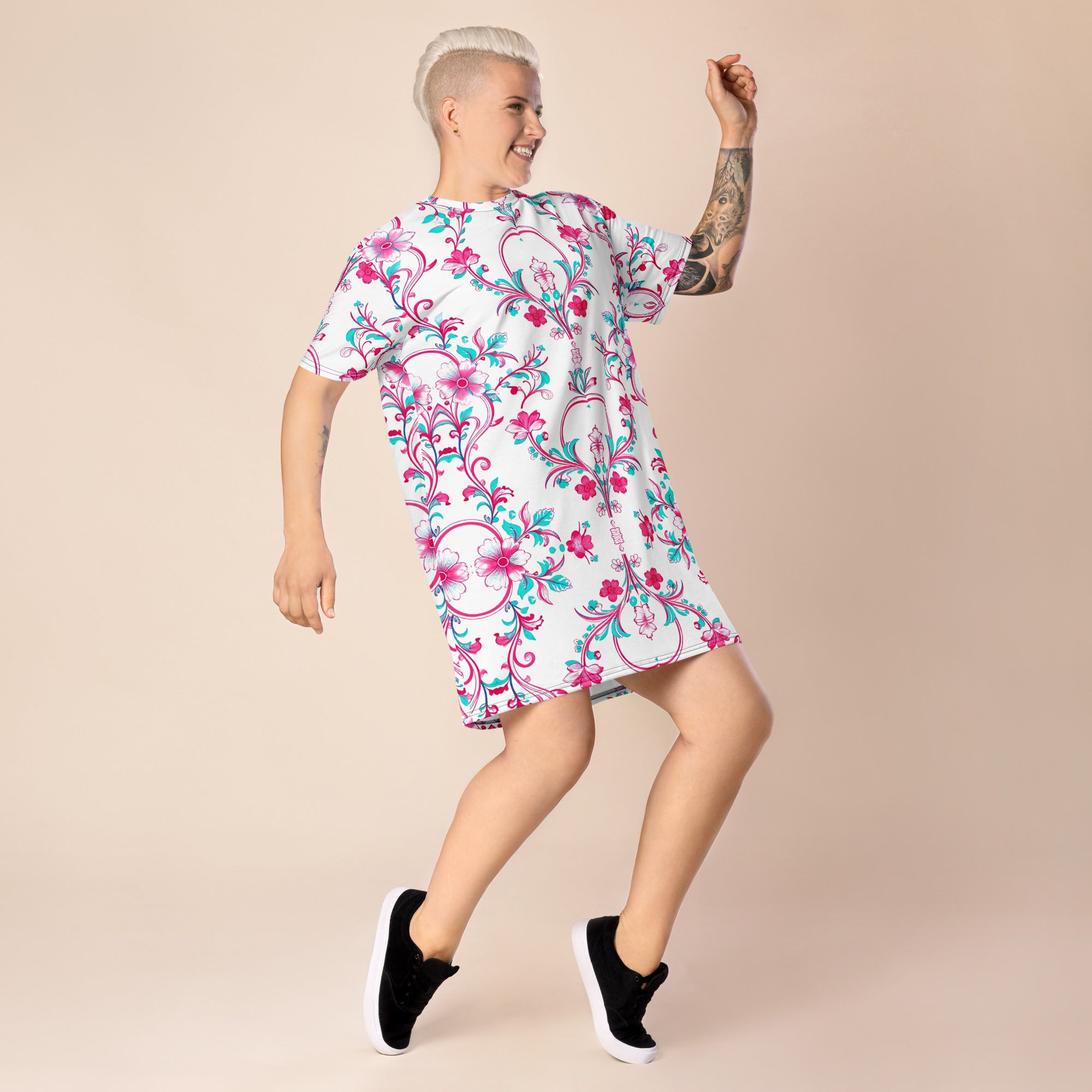 T-shirt dress - Pink Peony Dreams: Floral Fusion Comfort T-Shirt Dress 🌸✨ by printfluence.net