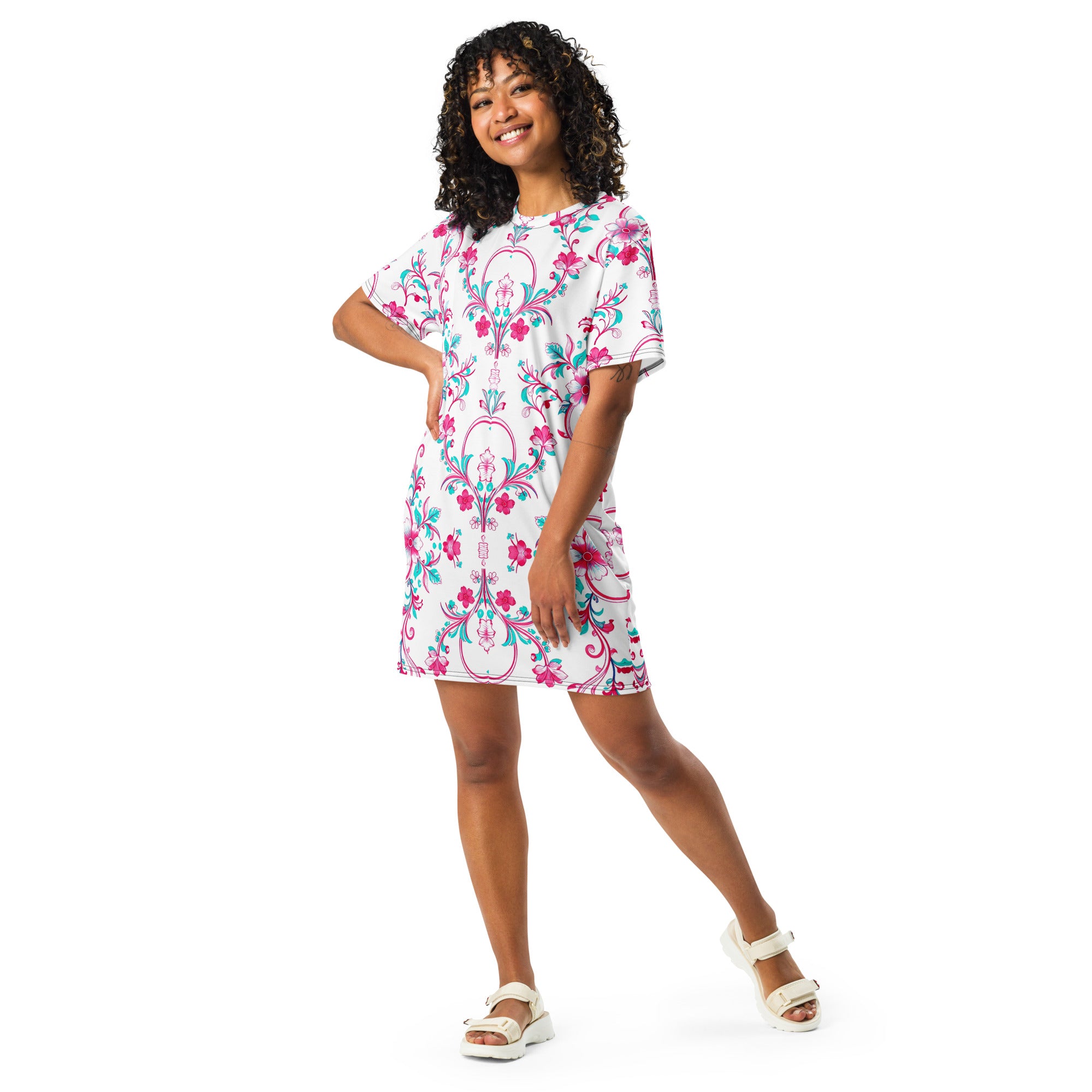 T-shirt dress - Pink Peony Dreams: Floral Fusion Comfort T-Shirt Dress 🌸✨ by printfluence.net