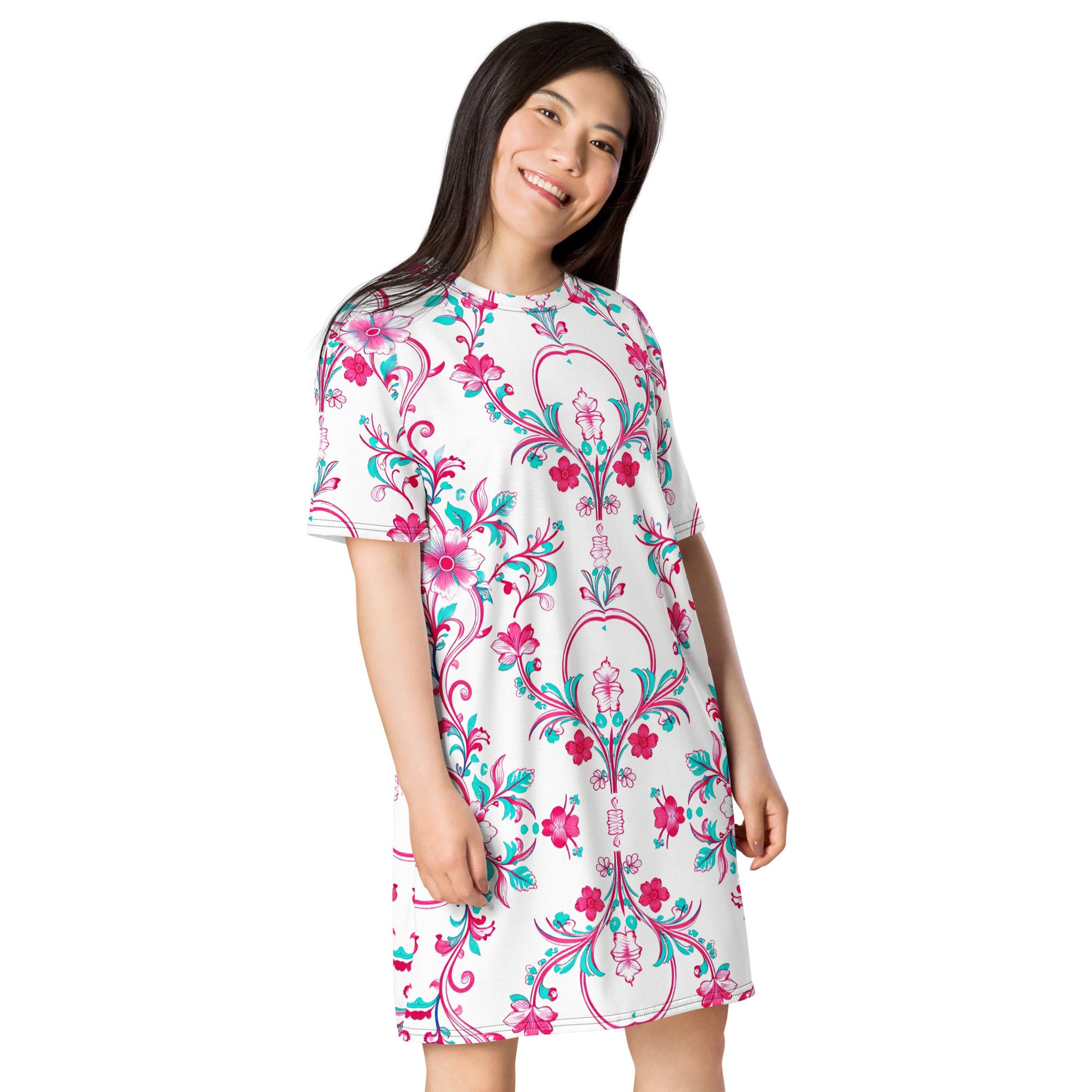 T-shirt dress - Pink Peony Dreams: Floral Fusion Comfort T-Shirt Dress 🌸✨ by printfluence.net