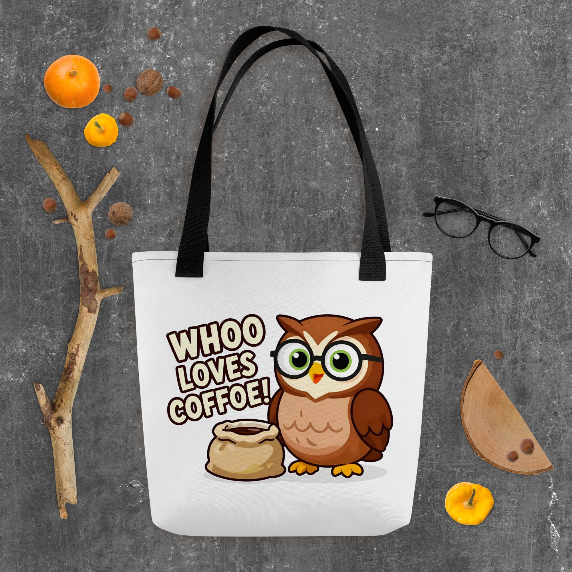 Tote bag - Whoo Loves Coffee Bag – Cute Owl with Glasses and Coffee Design by printfluence.net