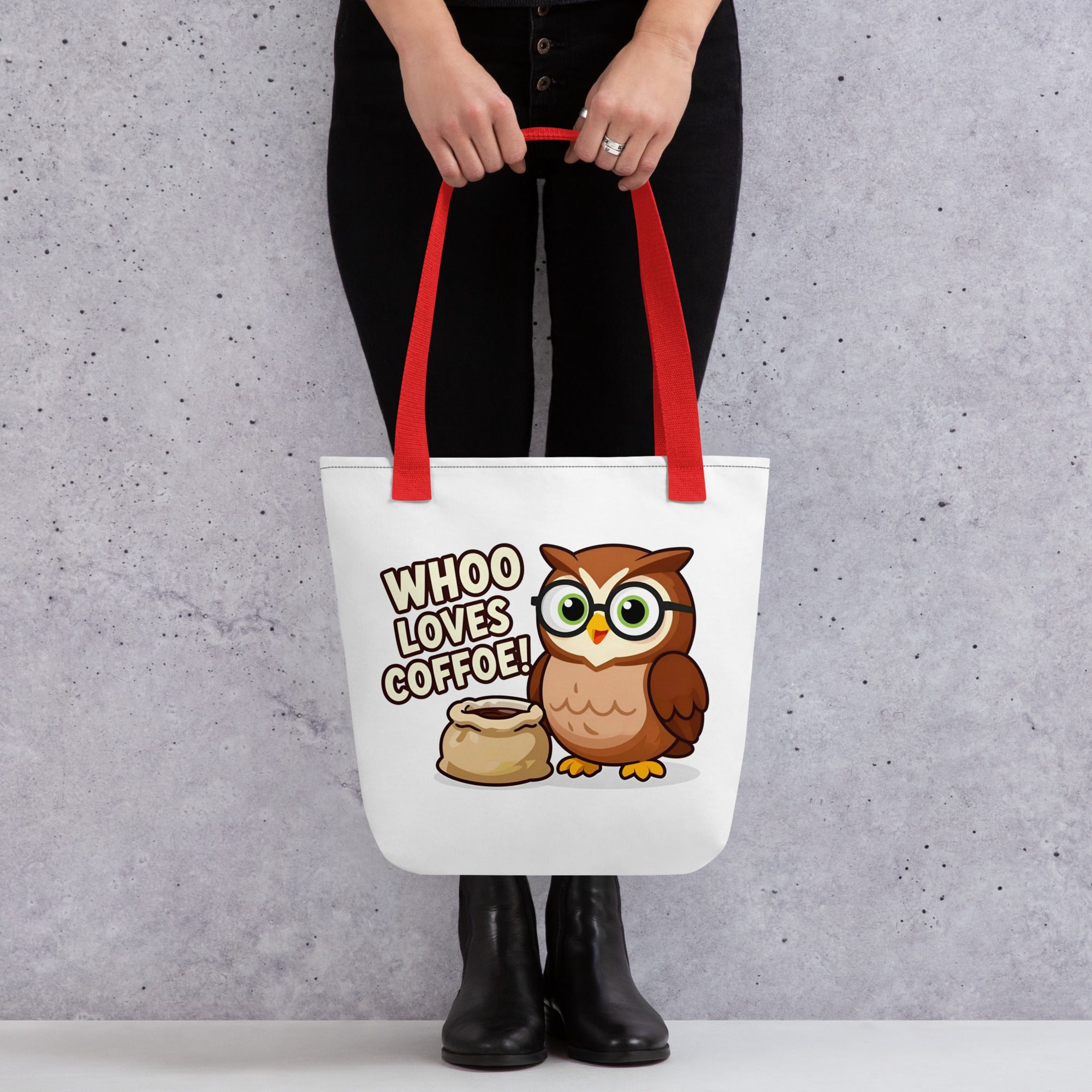 Tote bag - Whoo Loves Coffee Bag – Cute Owl with Glasses and Coffee Design by printfluence.net