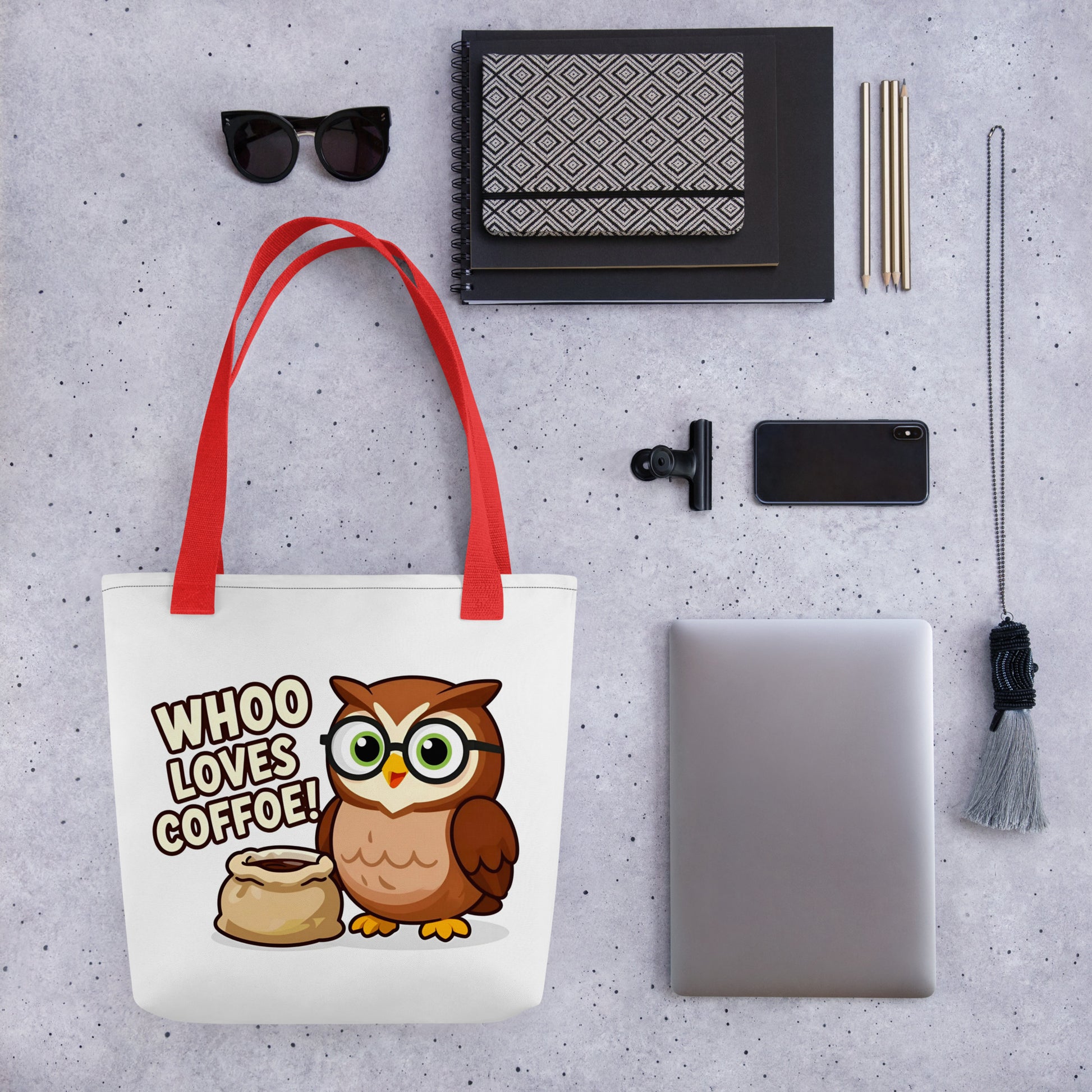 Tote bag - Whoo Loves Coffee Bag – Cute Owl with Glasses and Coffee Design by printfluence.net