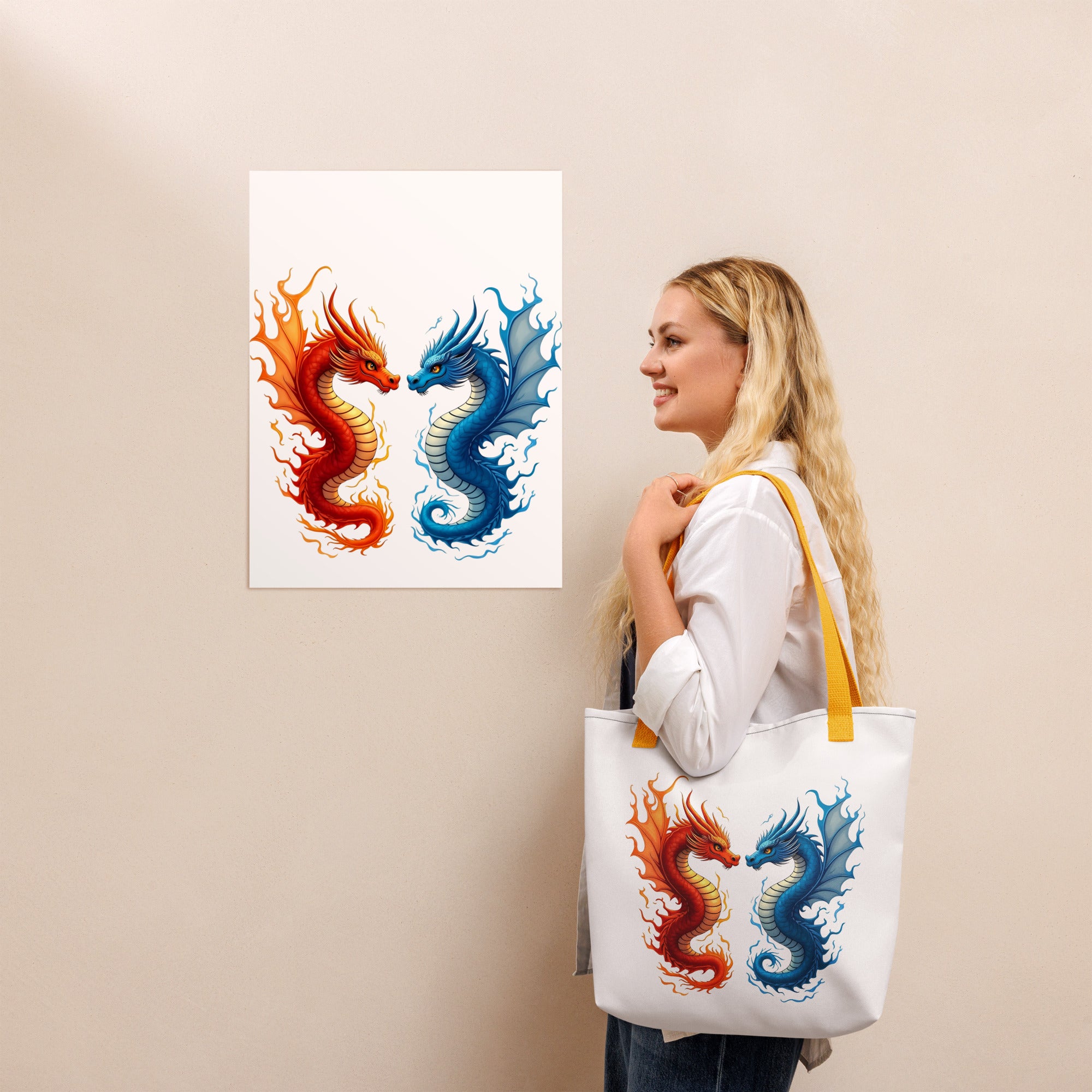 Tote bag - Fire and Water Dragons Bag – Epic Elemental Battle Design by printfluence.net