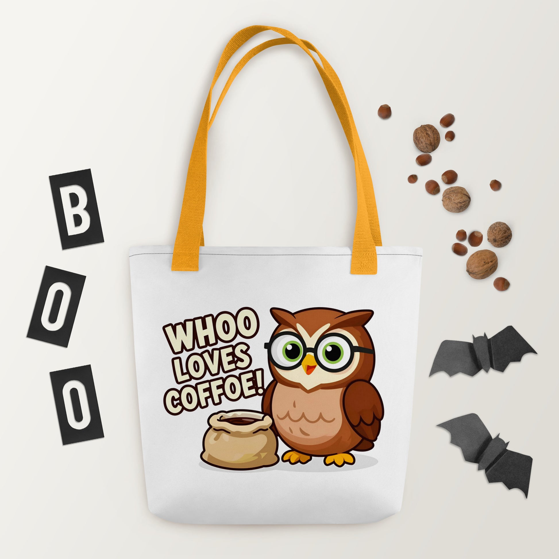 Tote bag - Whoo Loves Coffee Bag – Cute Owl with Glasses and Coffee Design by printfluence.net