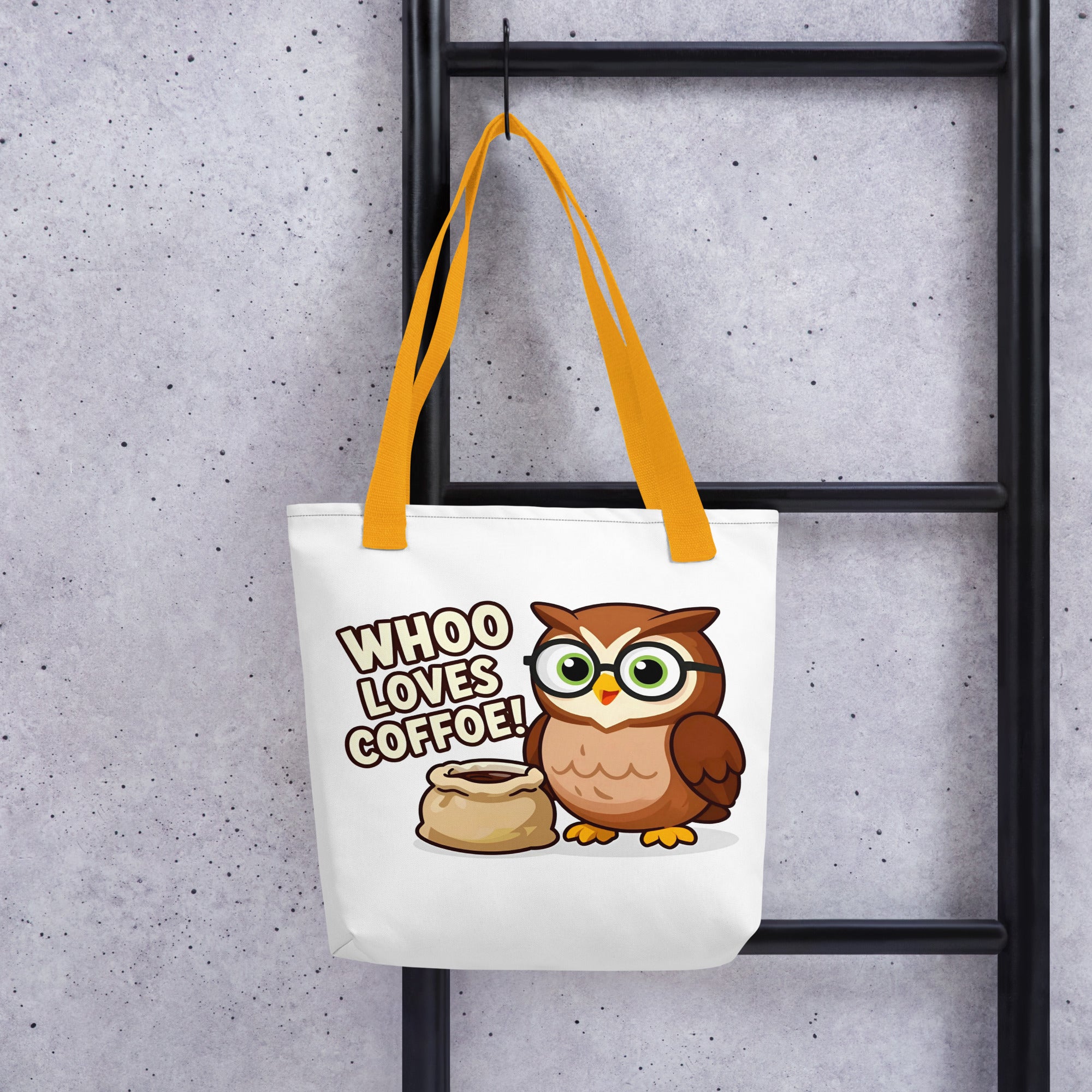 Tote bag - Whoo Loves Coffee Bag – Cute Owl with Glasses and Coffee Design by printfluence.net