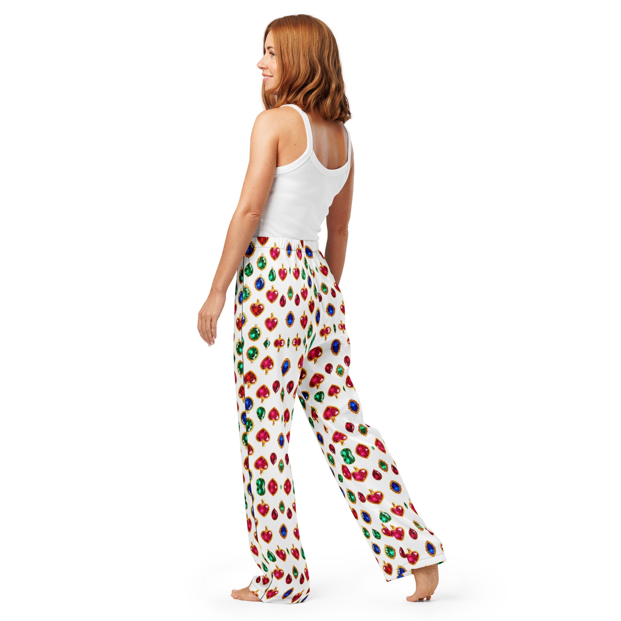 Women’s pajama pants - Luxury Heart Gem Pajama Pants for Women – Elegant Red, Blue & Green Jewel Print Sleepwear by printfluence.net