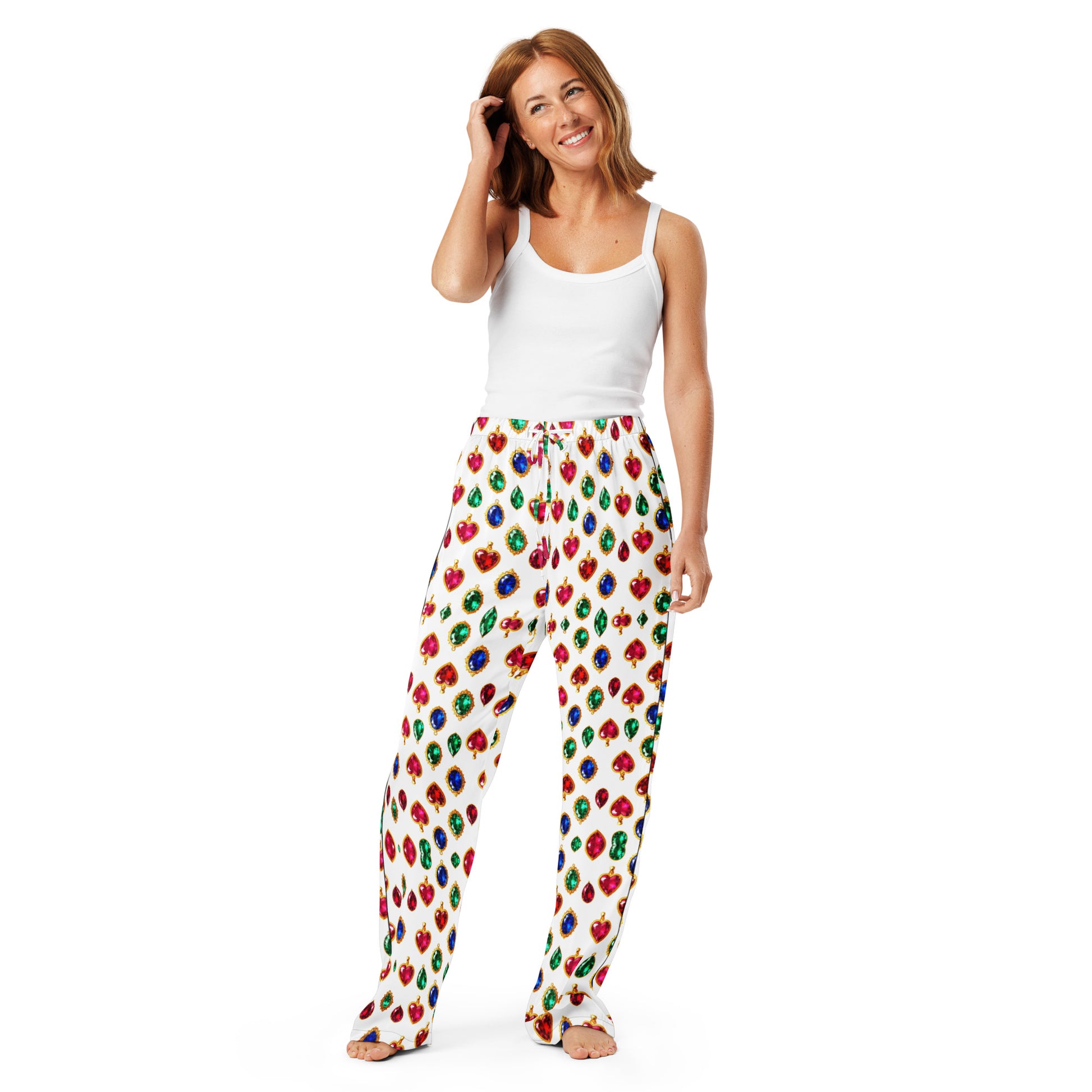 Women’s pajama pants - Luxury Heart Gem Pajama Pants for Women – Elegant Red, Blue & Green Jewel Print Sleepwear by printfluence.net
