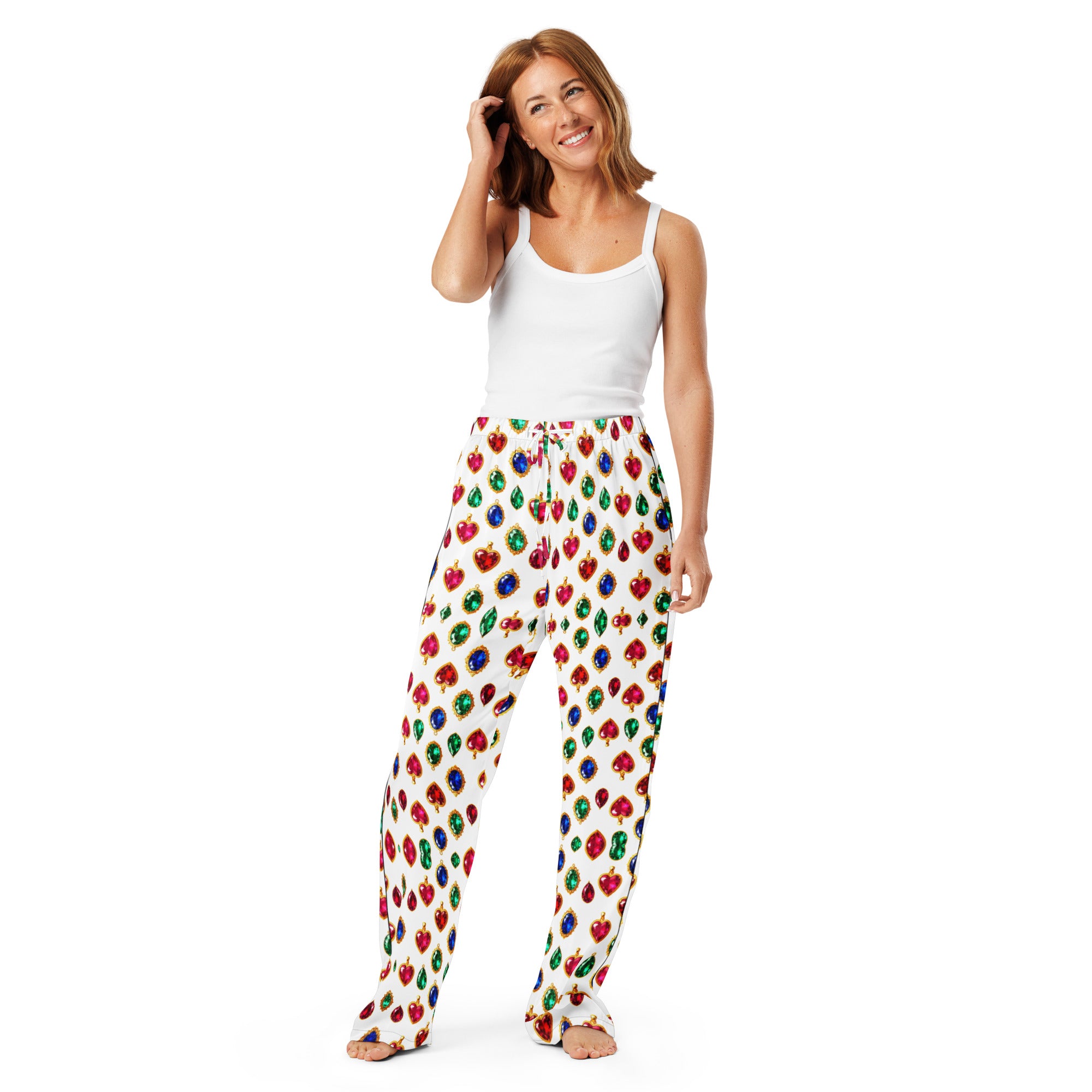 Women’s pajama pants - Luxury Heart Gem Pajama Pants for Women – Elegant Red, Blue & Green Jewel Print Sleepwear by printfluence.net