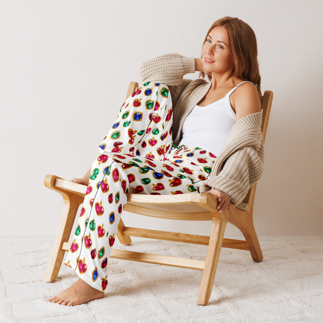 Women’s pajama pants - Luxury Heart Gem Pajama Pants for Women – Elegant Red, Blue & Green Jewel Print Sleepwear by printfluence.net
