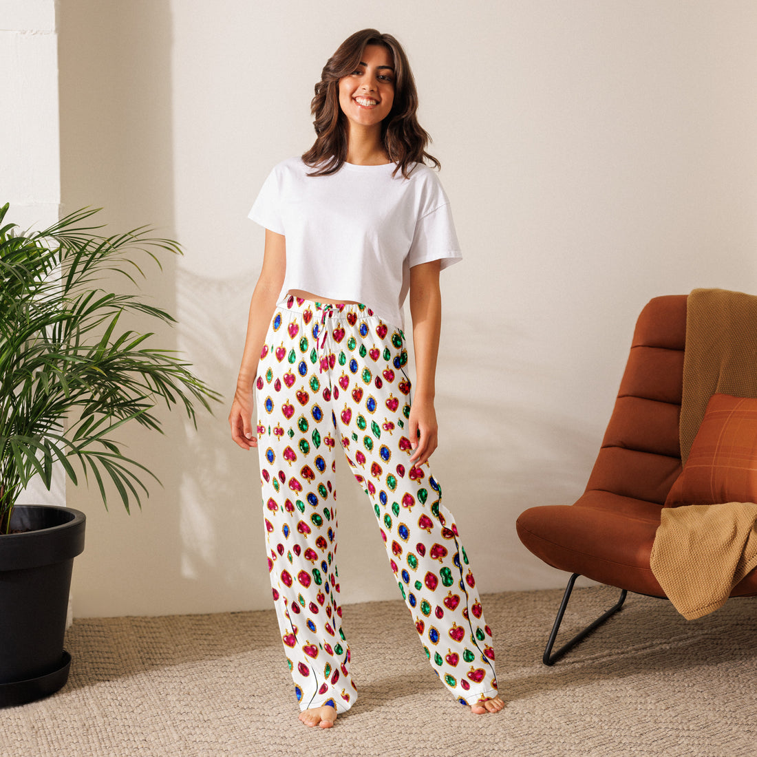 Women’s pajama pants - Luxury Heart Gem Pajama Pants for Women – Elegant Red, Blue & Green Jewel Print Sleepwear by printfluence.net