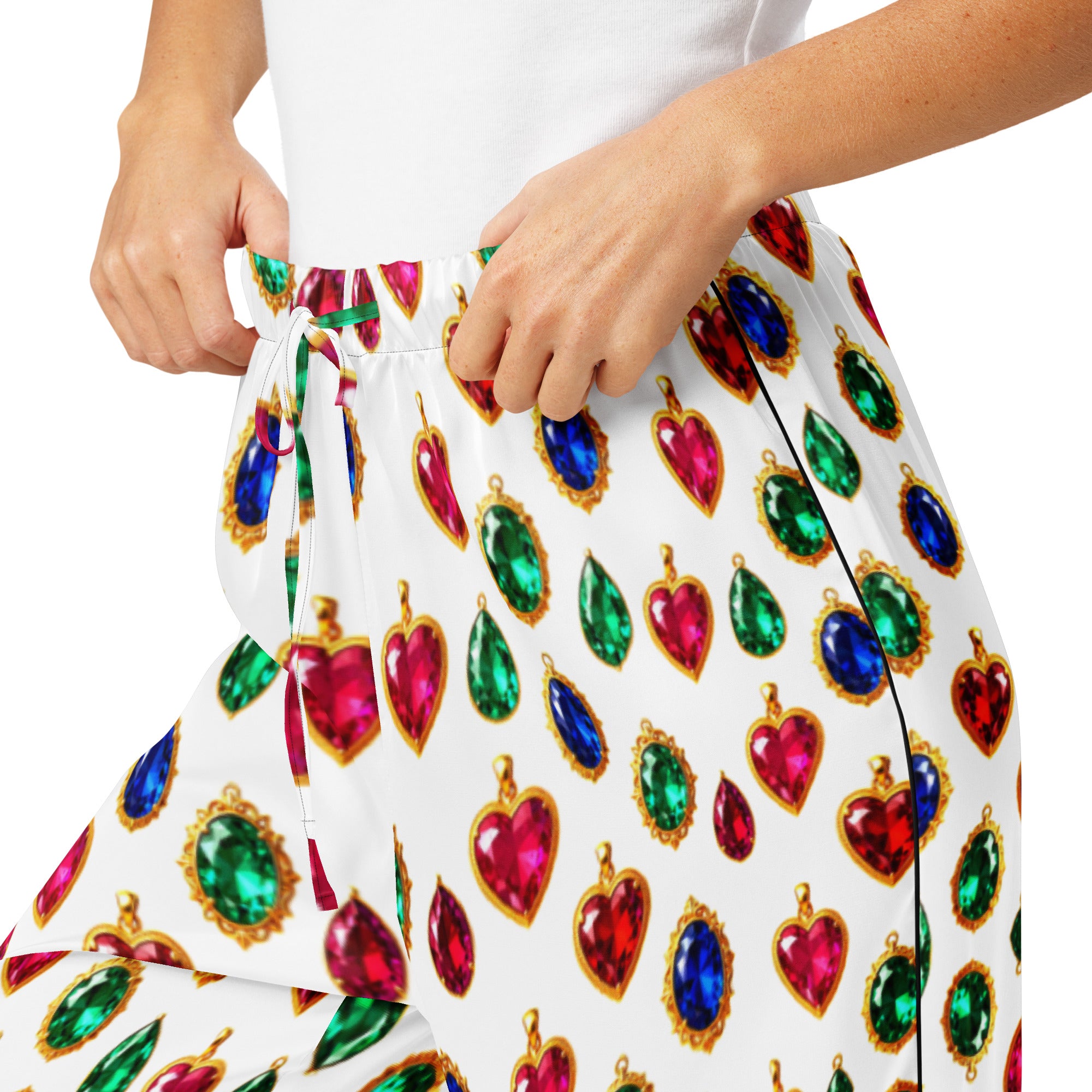 Women’s pajama pants - Luxury Heart Gem Pajama Pants for Women – Elegant Red, Blue & Green Jewel Print Sleepwear by printfluence.net