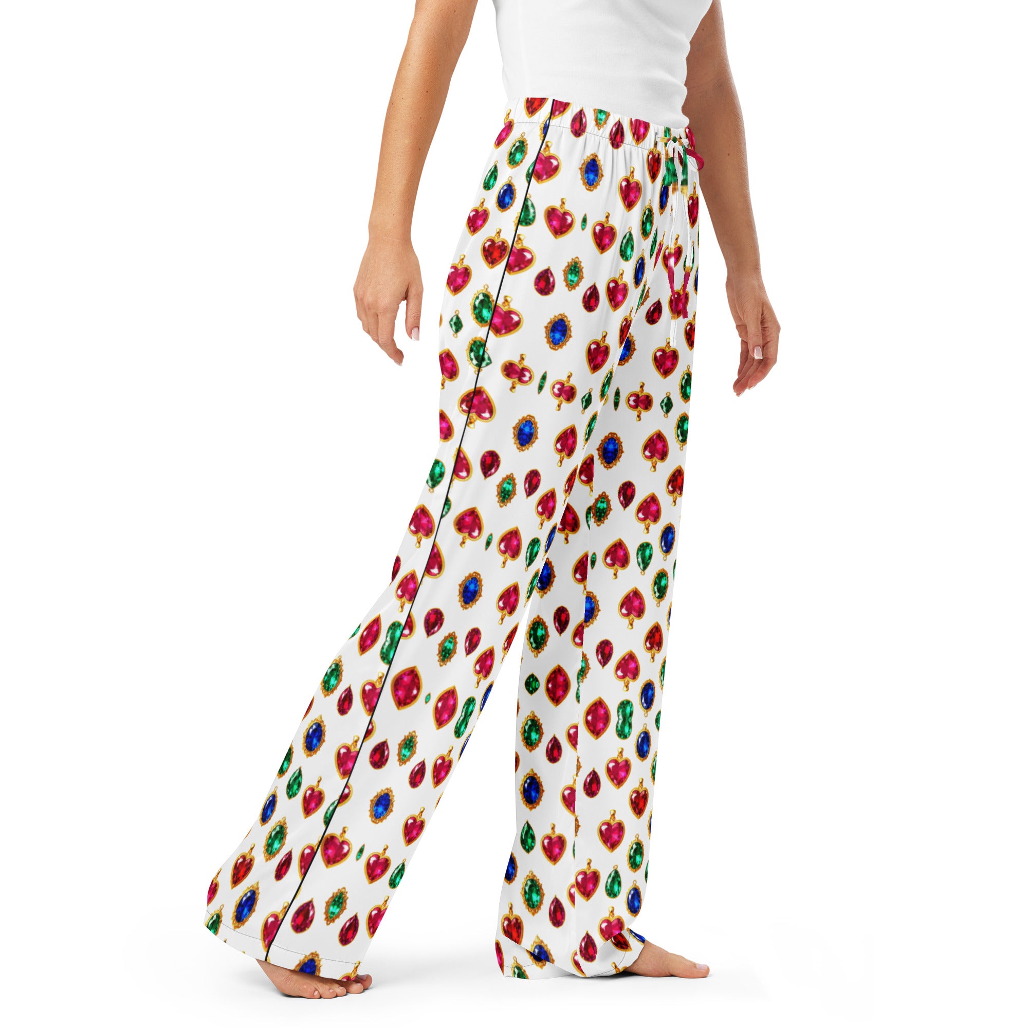 Women’s pajama pants - Luxury Heart Gem Pajama Pants for Women – Elegant Red, Blue & Green Jewel Print Sleepwear by printfluence.net
