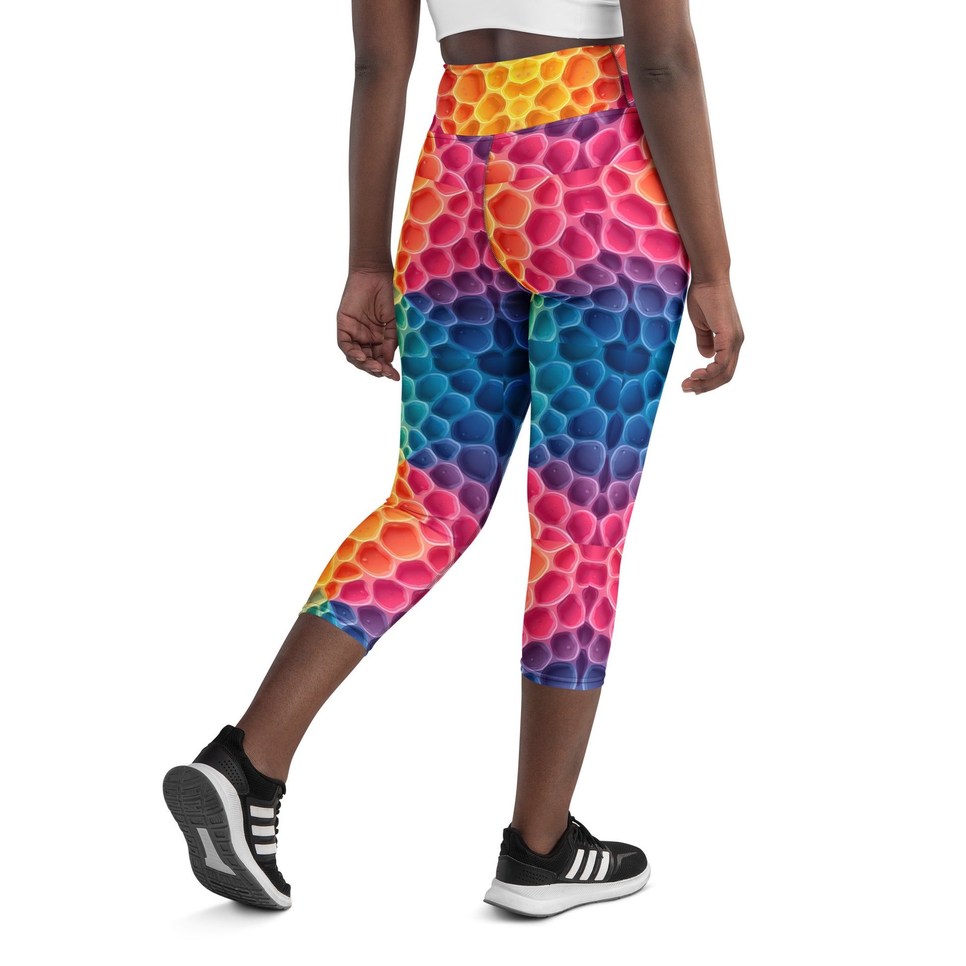 Yoga Capri Leggings - Rainbow Honeycomb Cells Leggings – Vibrant Hexagon Pattern Yoga Pants by printfluence.net