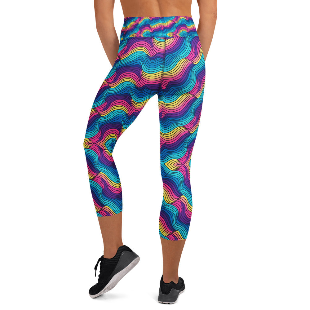 Yoga Capri Leggings - Ocean Dream Wave Leggings – Blue Pink Purple Flow by printfluence.net
