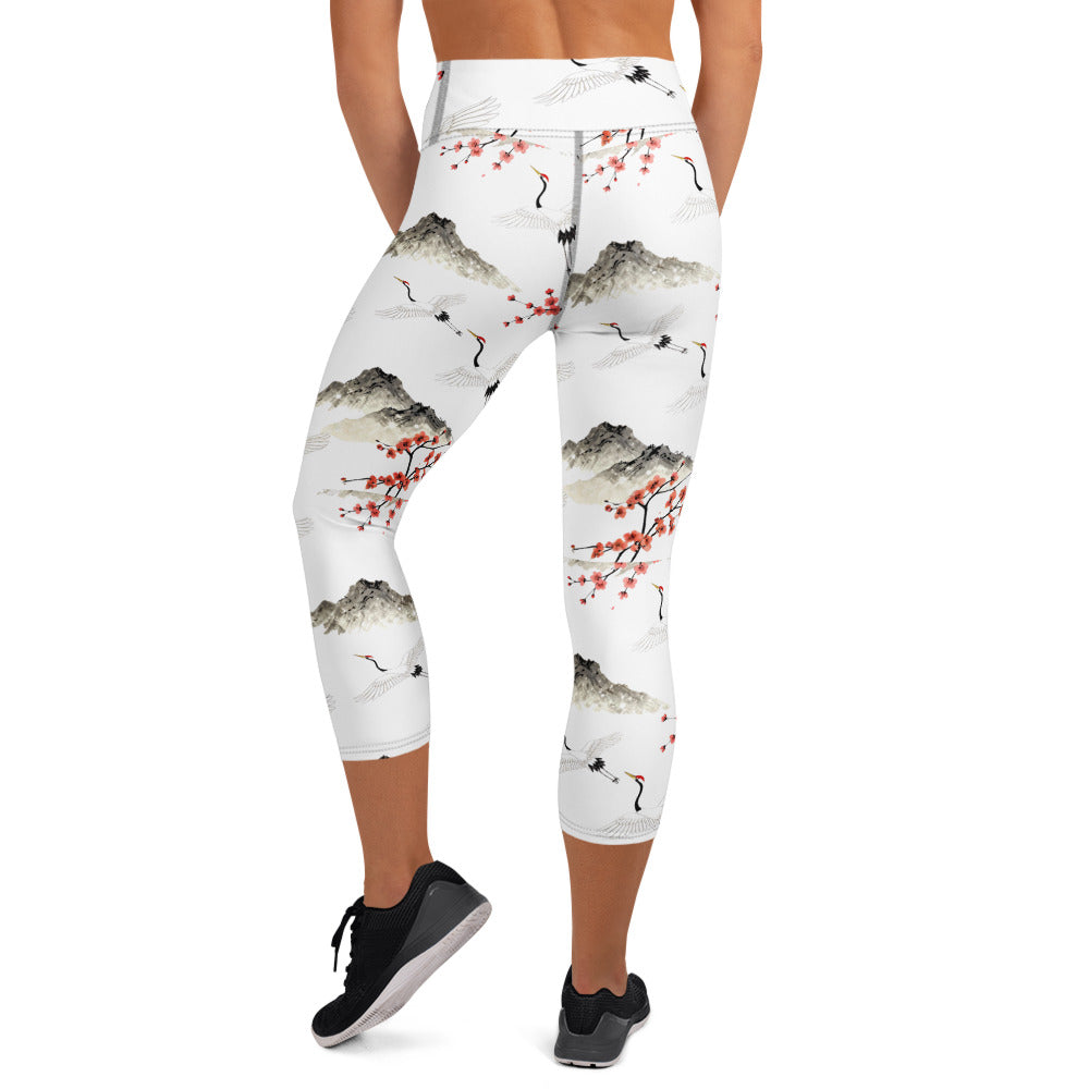 Yoga Capri Leggings - Cranes & Sakura Majesty Leggings – For Elegant Elite Achievers by printfluence.net