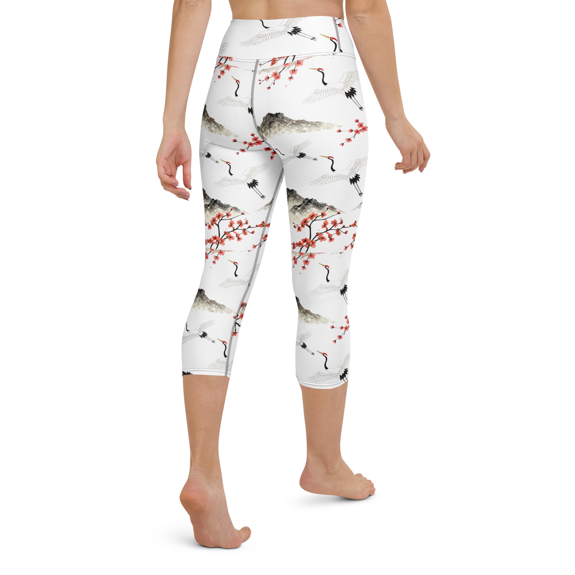 Yoga Capri Leggings - Cranes & Sakura Majesty Leggings – For Elegant Elite Achievers by printfluence.net
