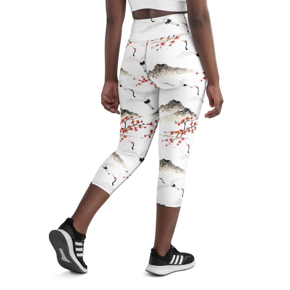 Yoga Capri Leggings - Cranes & Sakura Majesty Leggings – For Elegant Elite Achievers by printfluence.net