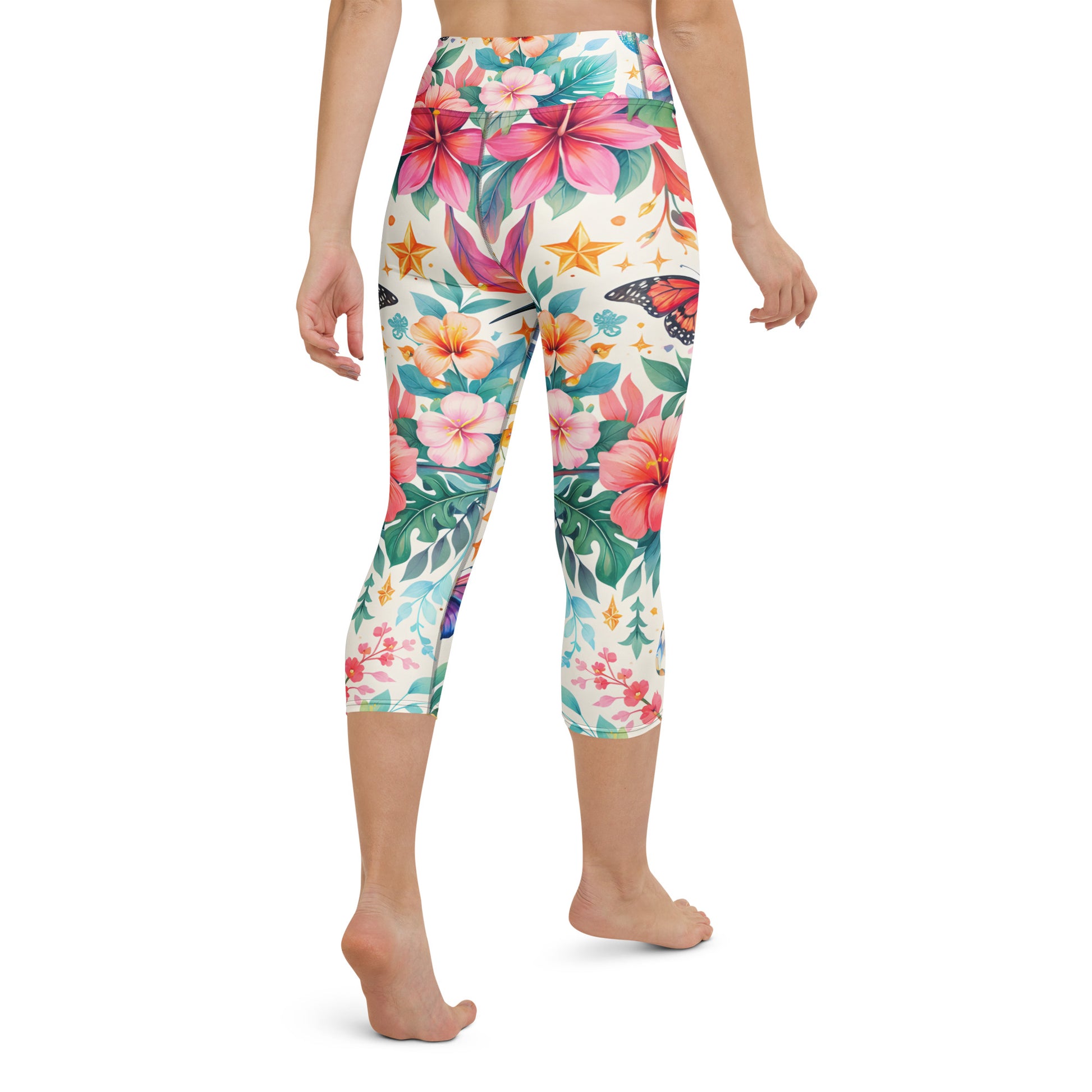 Yoga Capri Leggings - Tropical Bliss: Hummingbird & Hibiscus Yoga Capri Leggings 🕊️🌺 by printfluence.net