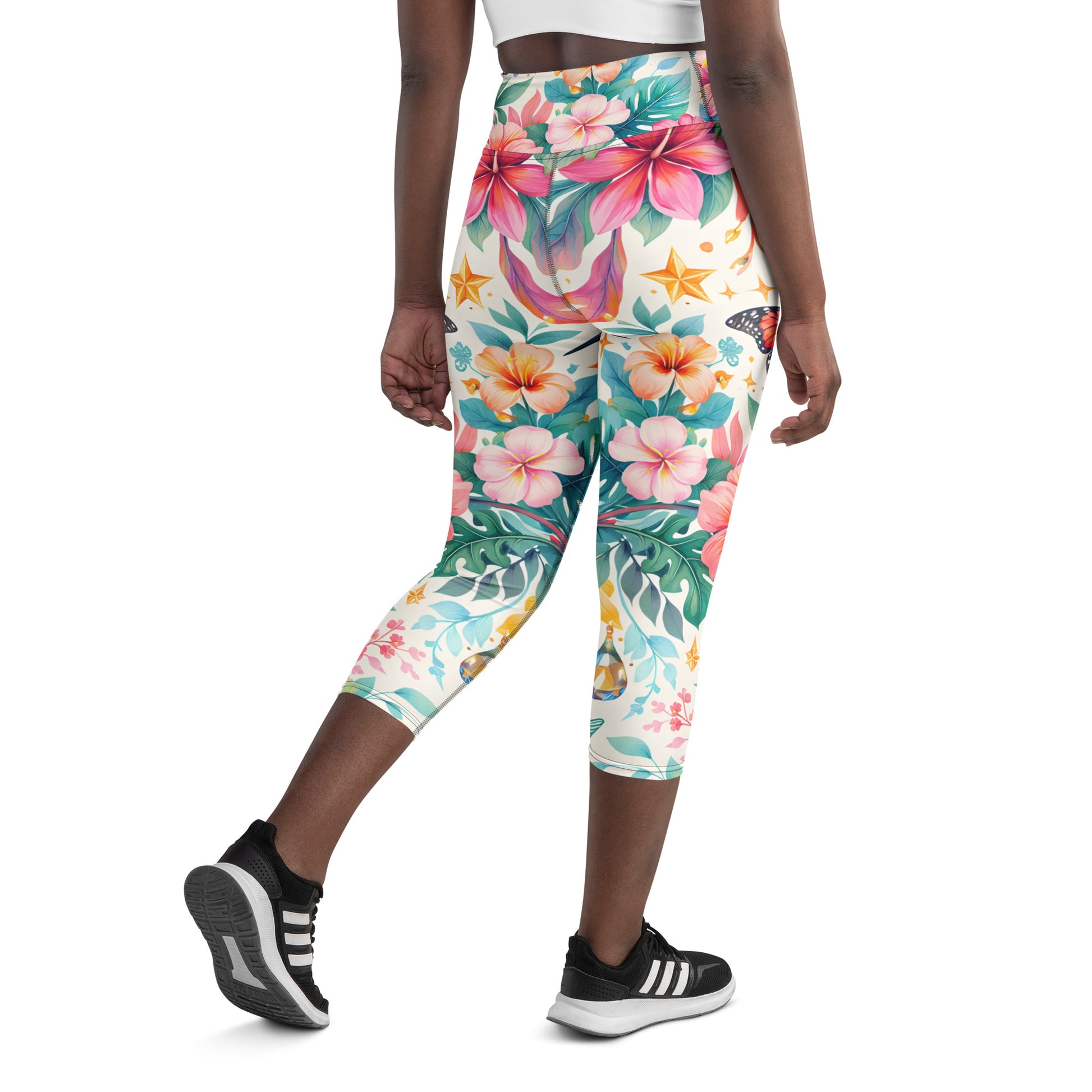 Yoga Capri Leggings - Tropical Bliss: Hummingbird & Hibiscus Yoga Capri Leggings 🕊️🌺 by printfluence.net