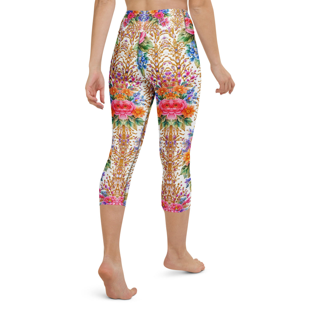 Yoga Capri Leggings - Royal Floral & Golden Jewel Yoga Capri Leggings - Ultra-Soft & Breathable by printfluence.net
