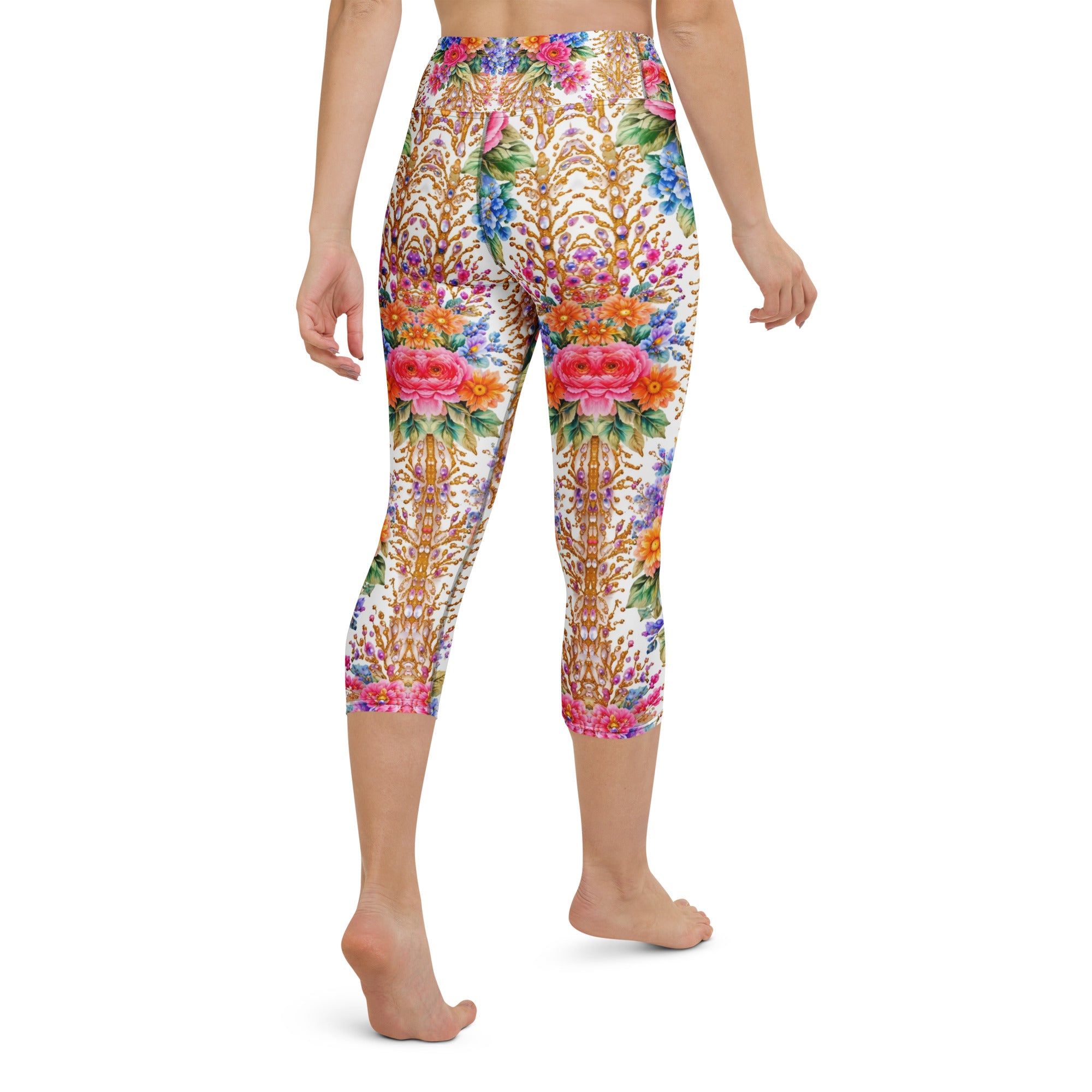 Yoga Capri Leggings - Royal Floral & Golden Jewel Yoga Capri Leggings - Ultra-Soft & Breathable by printfluence.net