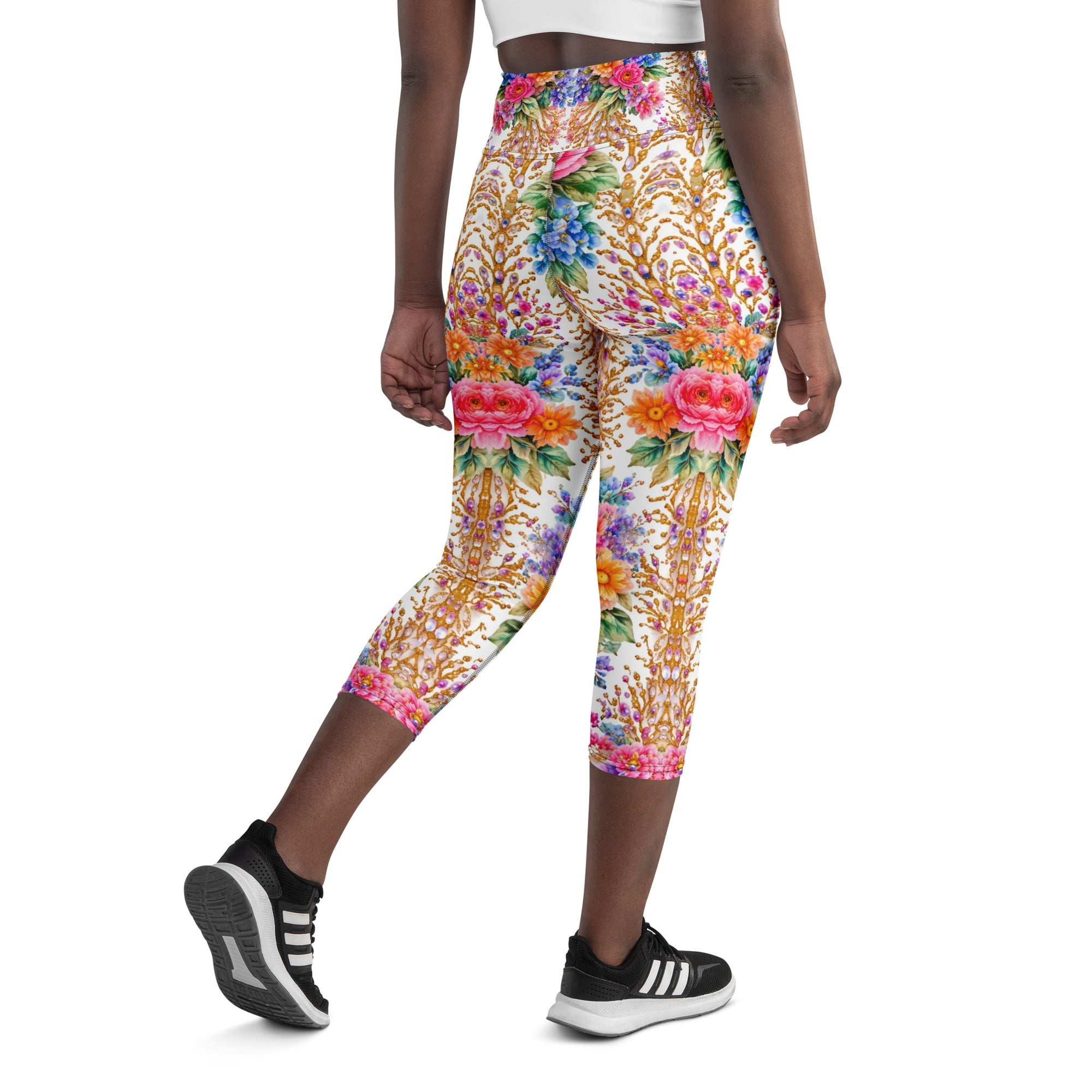 Yoga Capri Leggings - Royal Floral & Golden Jewel Yoga Capri Leggings - Ultra-Soft & Breathable by printfluence.net