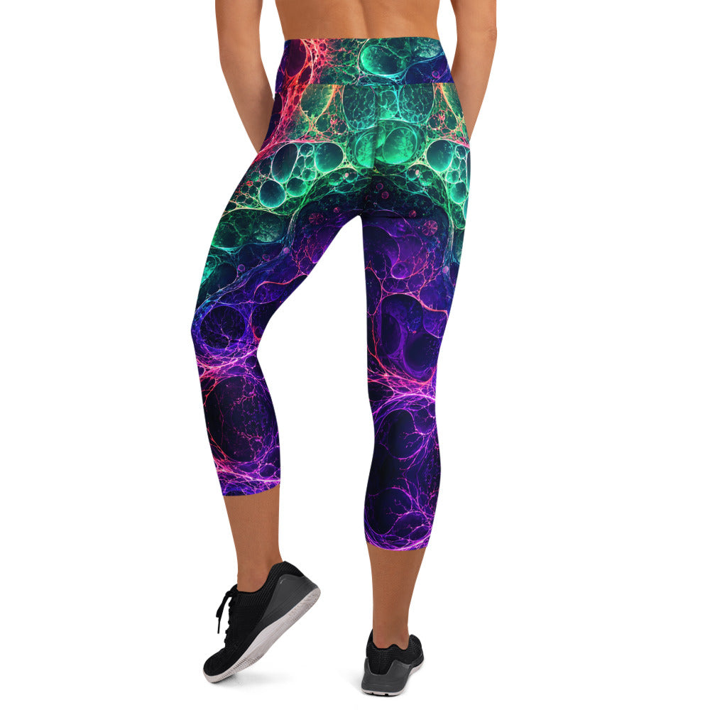 Yoga Capri Leggings - Psychedelic Cosmic Bioluminescence - Premium Neon Fluid Abstract Art Design by printfluence.net