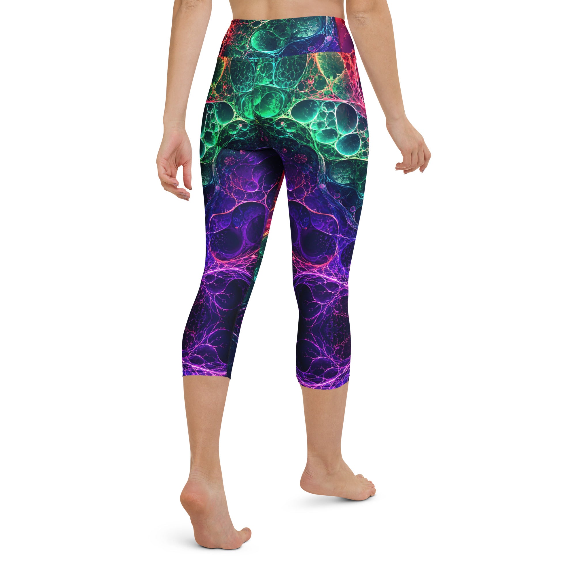 Yoga Capri Leggings - Psychedelic Cosmic Bioluminescence - Premium Neon Fluid Abstract Art Design by printfluence.net