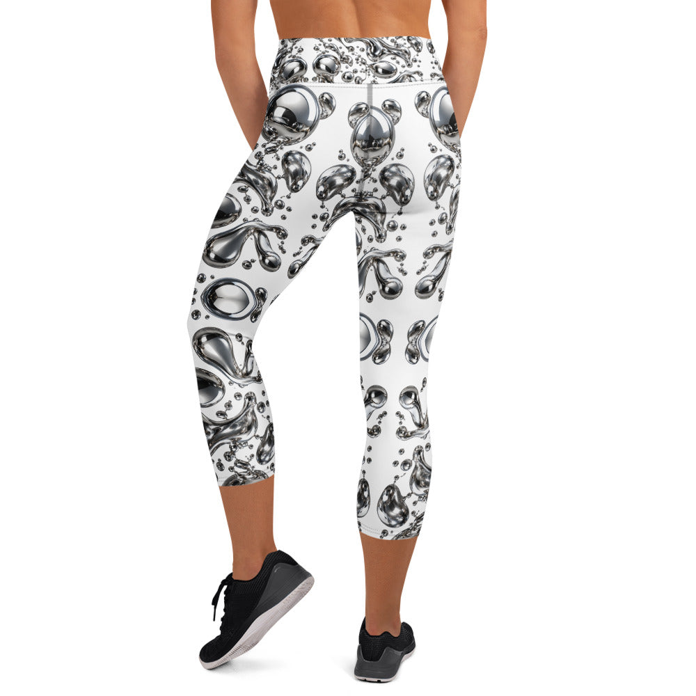 Heritage Bloom Lovers | All-Over Print Yoga Capri Leggings — Liquid Silver Chrome and Reflective Metallic Drop Pattern by printfluence