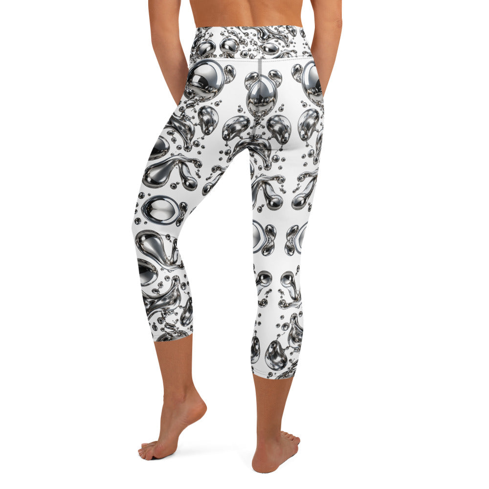 Heritage Bloom Lovers | All-Over Print Yoga Capri Leggings — Liquid Silver Chrome and Reflective Metallic Drop Pattern by printfluence