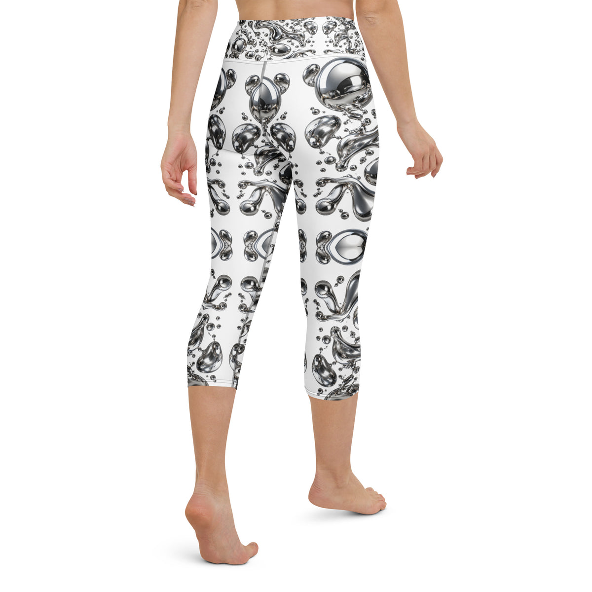 Heritage Bloom Lovers | All-Over Print Yoga Capri Leggings — Liquid Silver Chrome and Reflective Metallic Drop Pattern by printfluence