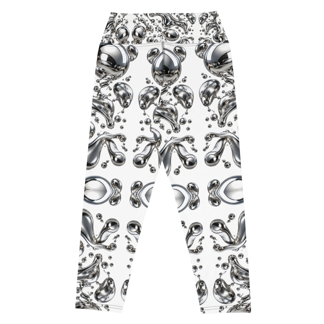 Heritage Bloom Lovers | All-Over Print Yoga Capri Leggings — Liquid Silver Chrome and Reflective Metallic Drop Pattern by printfluence