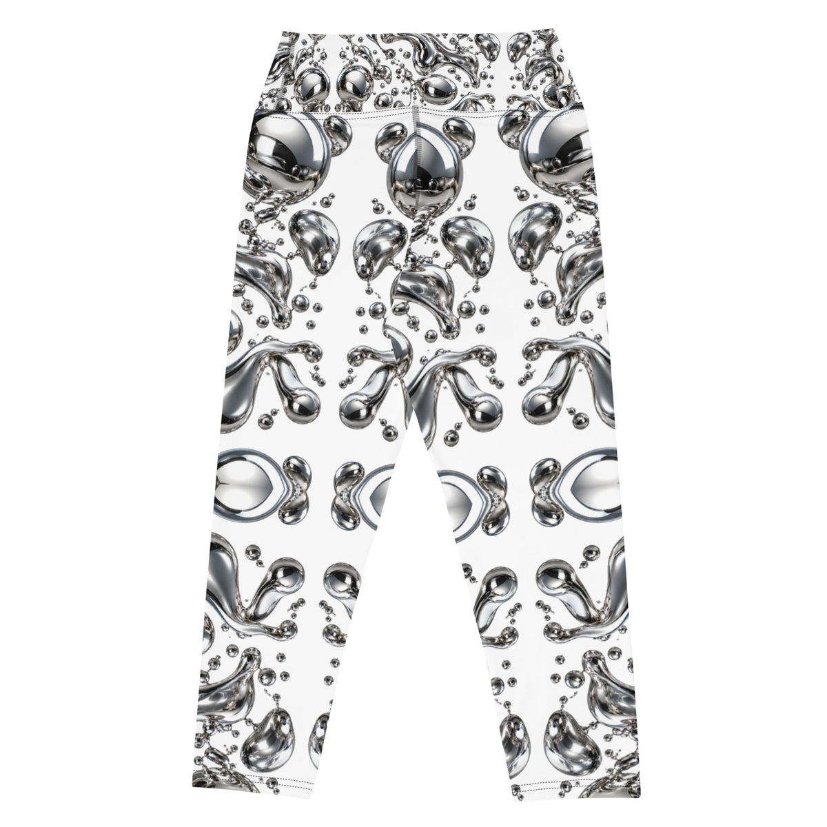 Heritage Bloom Lovers | All-Over Print Yoga Capri Leggings — Liquid Silver Chrome and Reflective Metallic Drop Pattern by printfluence