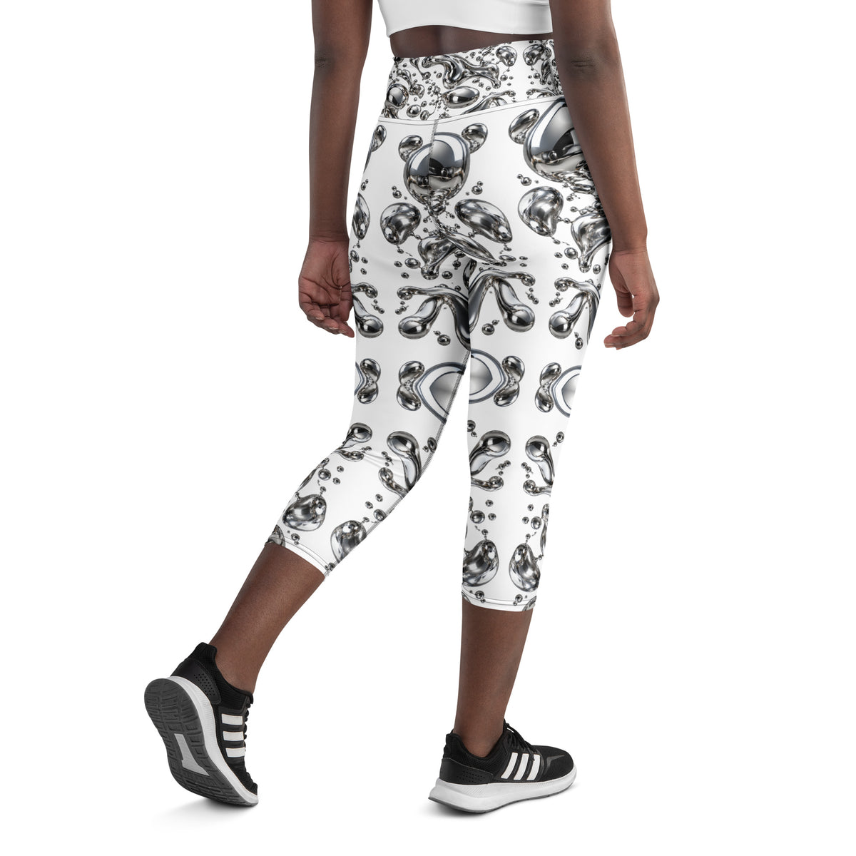 Heritage Bloom Lovers | All-Over Print Yoga Capri Leggings — Liquid Silver Chrome and Reflective Metallic Drop Pattern by printfluence