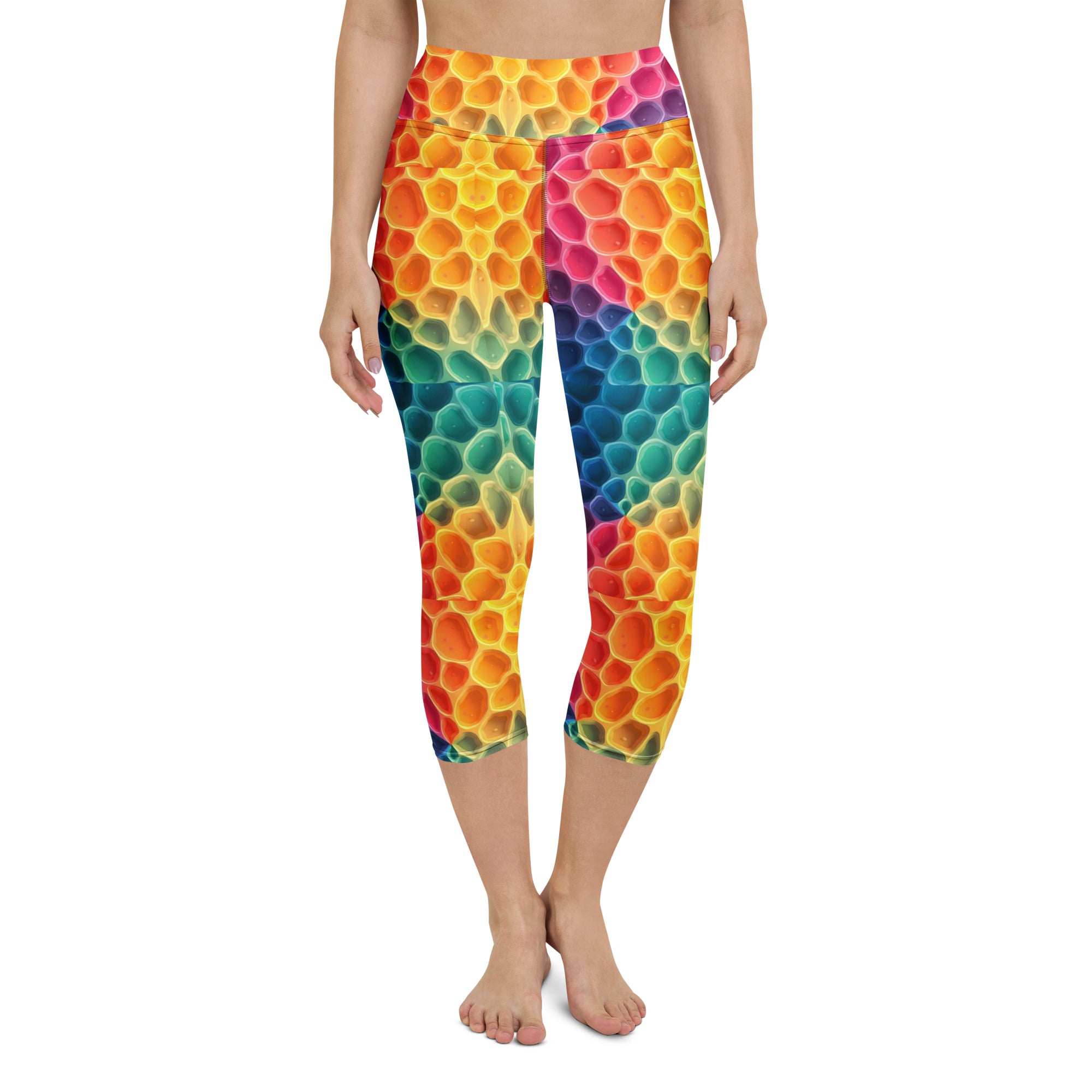 Yoga Capri Leggings - Rainbow Honeycomb Cells Leggings – Vibrant Hexagon Pattern Yoga Pants by printfluence.net