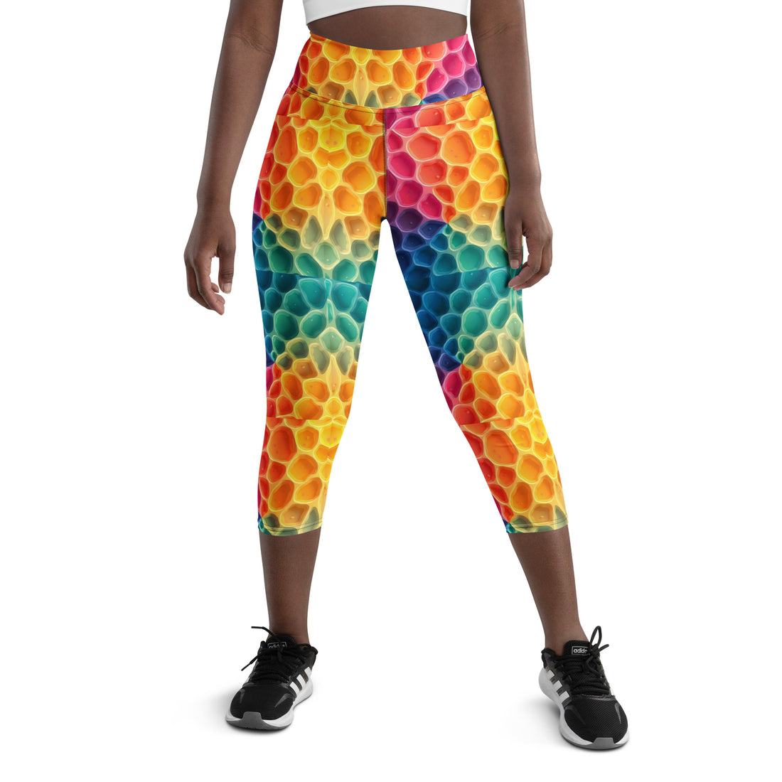 Yoga Capri Leggings - Rainbow Honeycomb Cells Leggings – Vibrant Hexagon Pattern Yoga Pants by printfluence.net