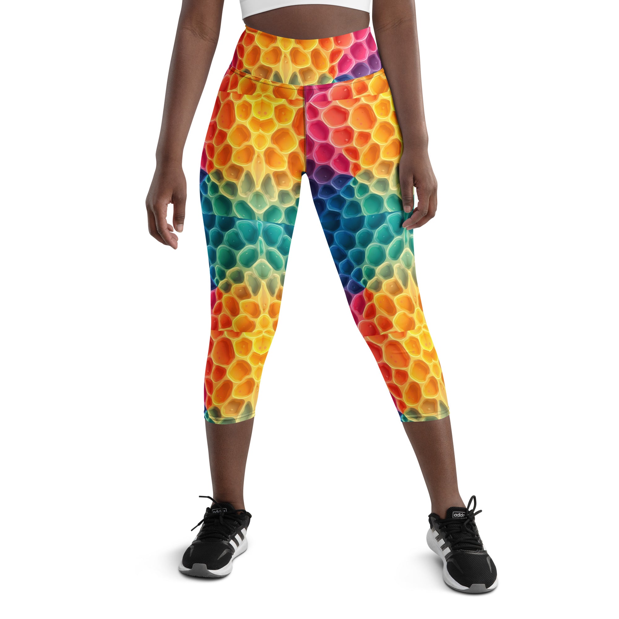 Yoga Capri Leggings - Rainbow Honeycomb Cells Leggings – Vibrant Hexagon Pattern Yoga Pants by printfluence.net