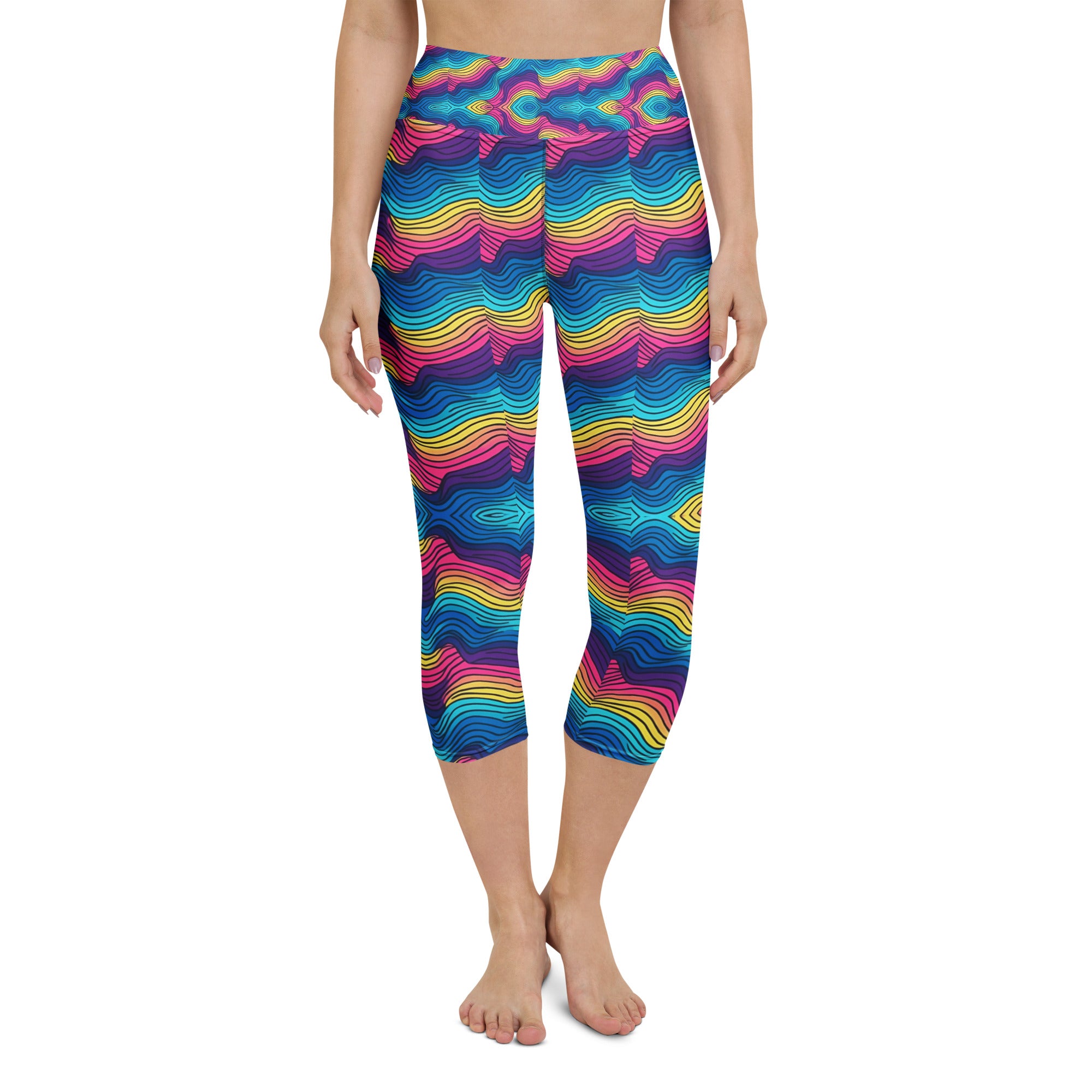 Yoga Capri Leggings - Ocean Dream Wave Leggings – Blue Pink Purple Flow by printfluence.net
