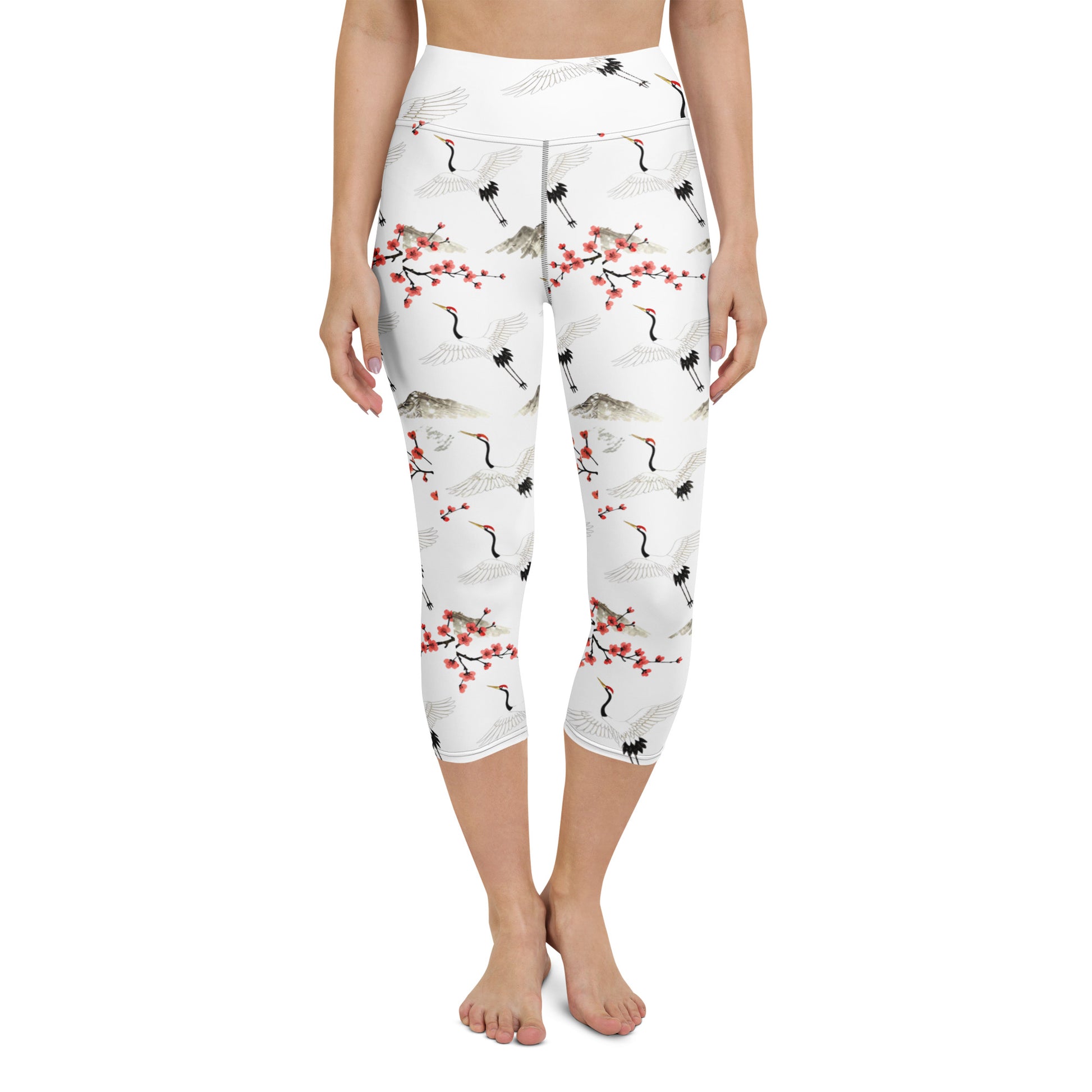 Yoga Capri Leggings - Cranes & Sakura Majesty Leggings – For Elegant Elite Achievers by printfluence.net