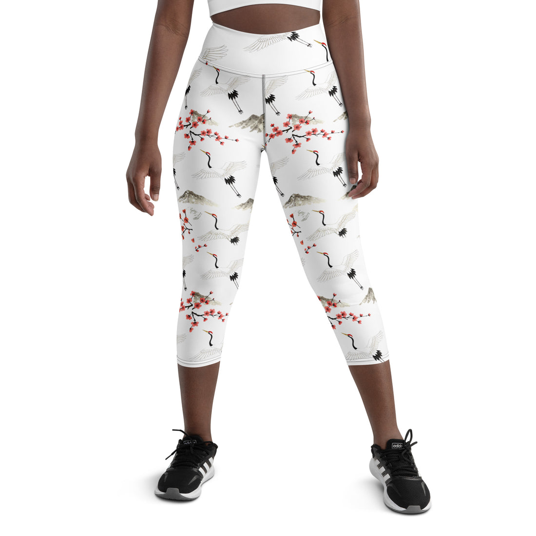 Yoga Capri Leggings - Cranes & Sakura Majesty Leggings – For Elegant Elite Achievers by printfluence.net