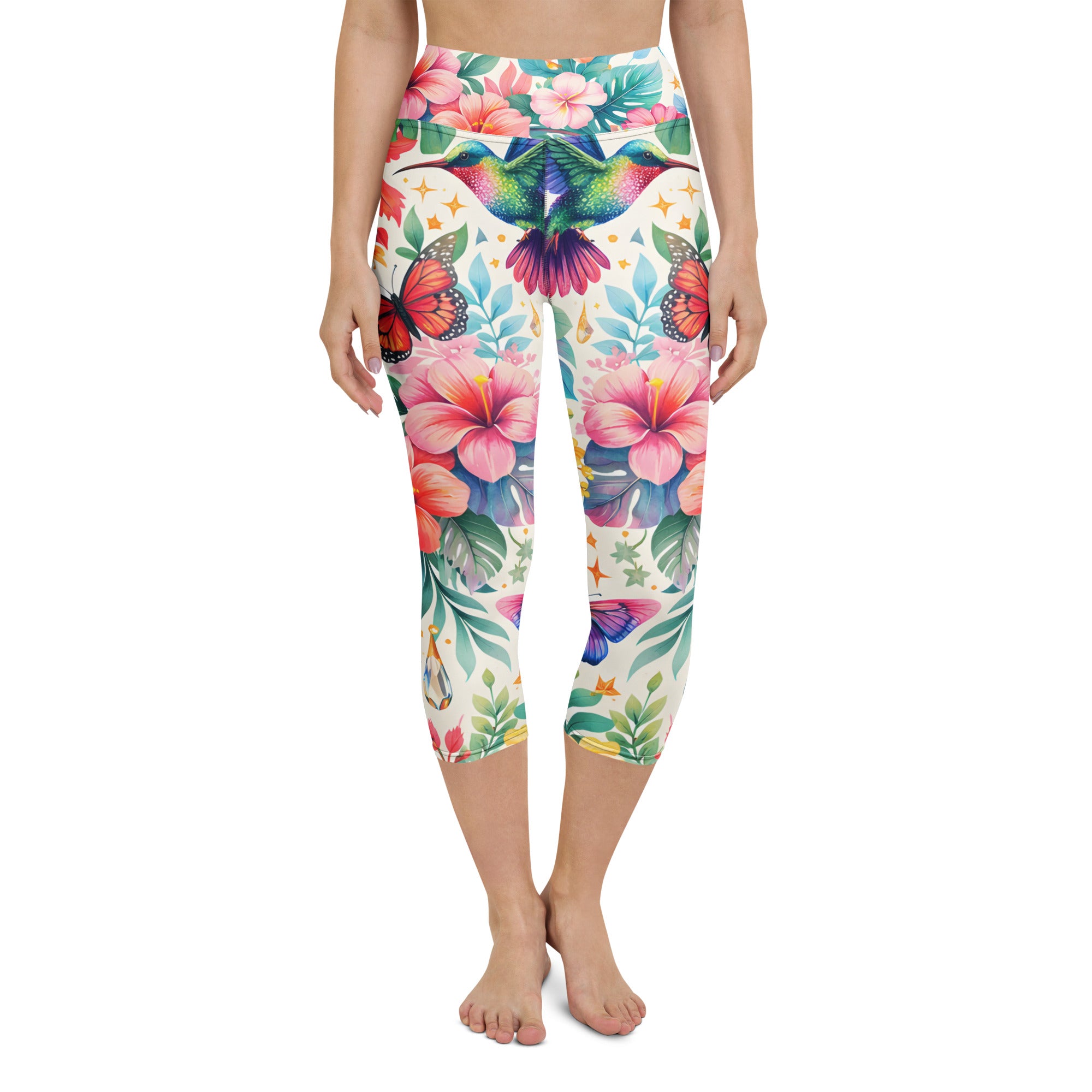 Yoga Capri Leggings - Tropical Bliss: Hummingbird & Hibiscus Yoga Capri Leggings 🕊️🌺 by printfluence.net