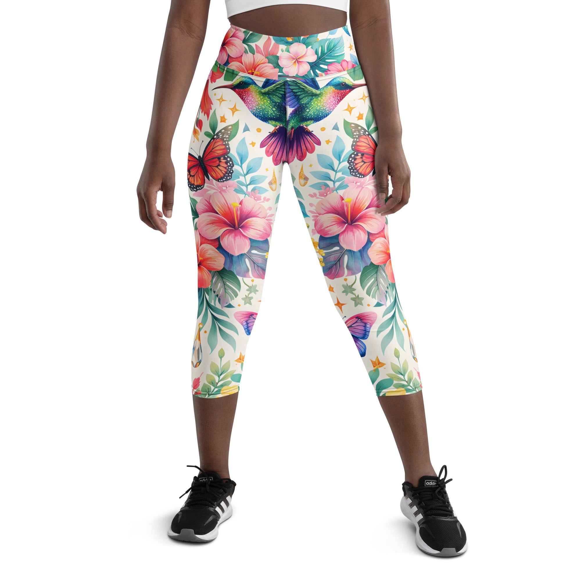 Yoga Capri Leggings - Tropical Bliss: Hummingbird & Hibiscus Yoga Capri Leggings 🕊️🌺 by printfluence.net