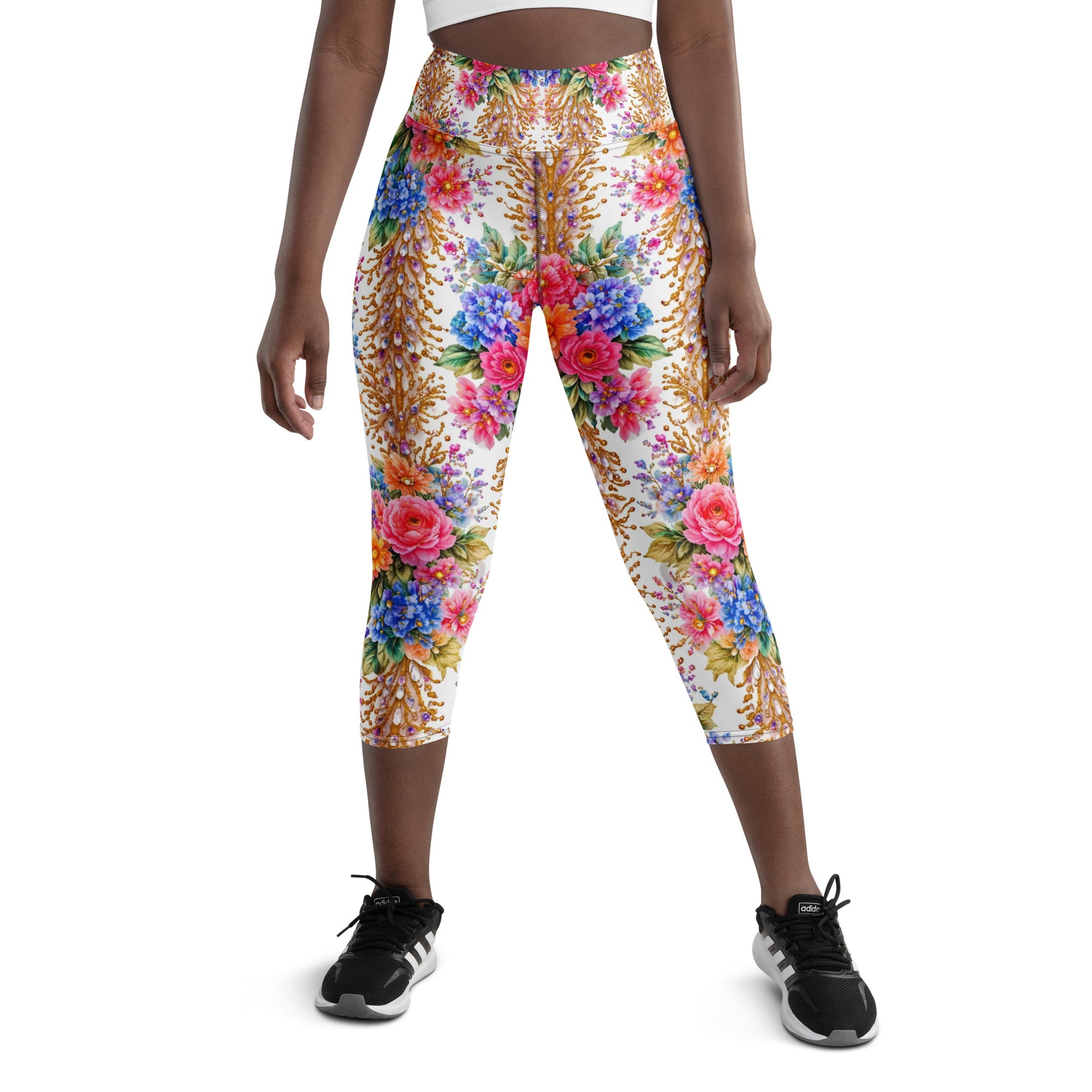 Yoga Capri Leggings - Royal Floral & Golden Jewel Yoga Capri Leggings - Ultra-Soft & Breathable by printfluence.net