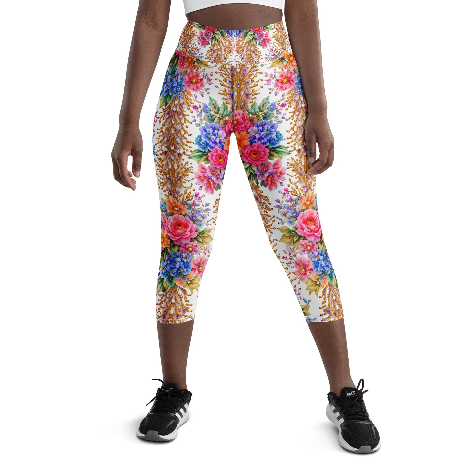 Yoga Capri Leggings - Royal Floral & Golden Jewel Yoga Capri Leggings - Ultra-Soft & Breathable by printfluence.net