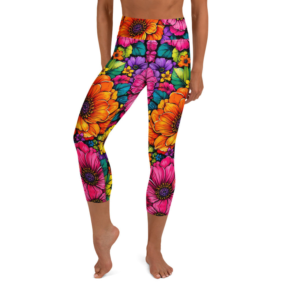 Yoga Capri Leggings - Vibrant Tropical Floral Bloom High-Waisted by printfluence.net