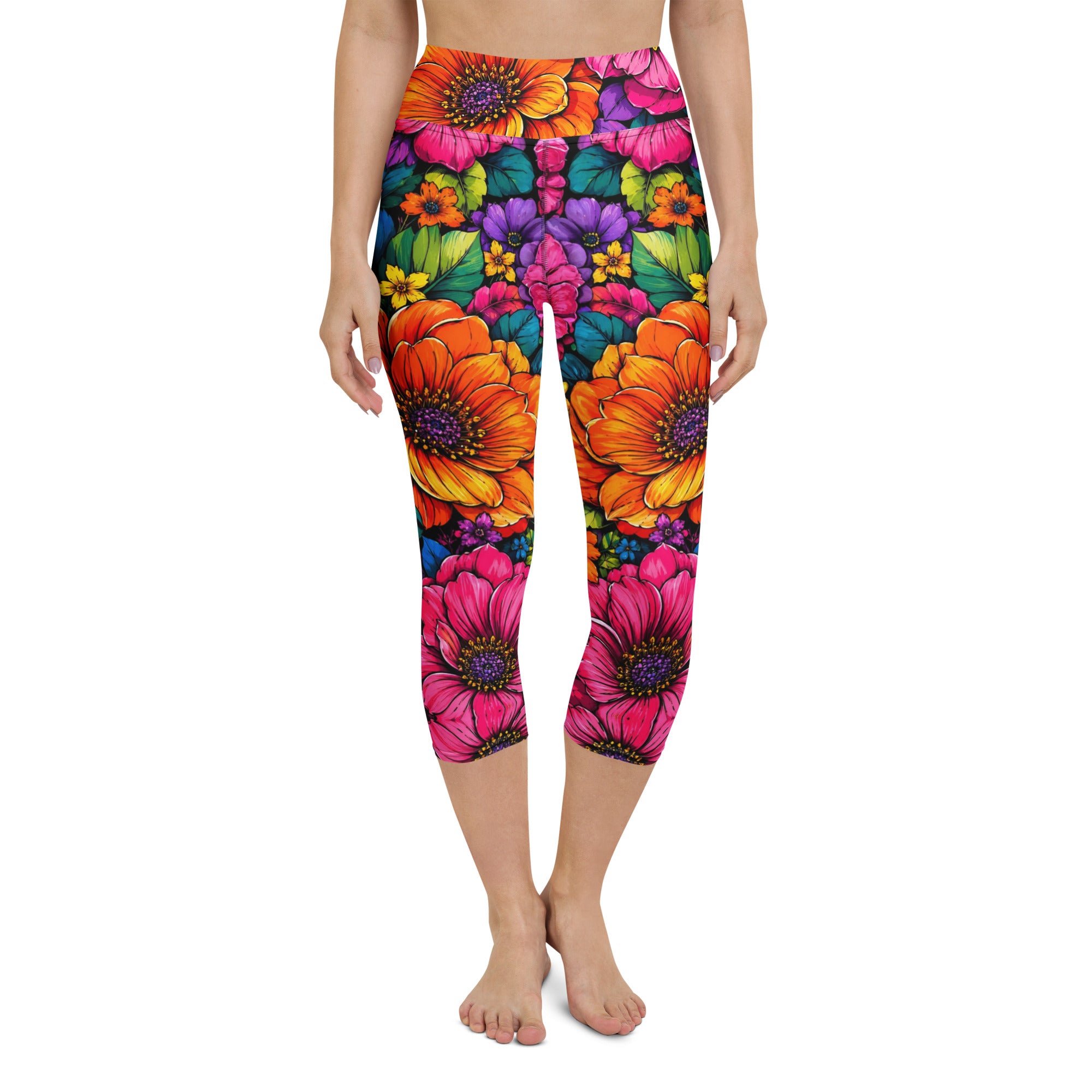 Yoga Capri Leggings - Vibrant Tropical Floral Bloom High-Waisted by printfluence.net